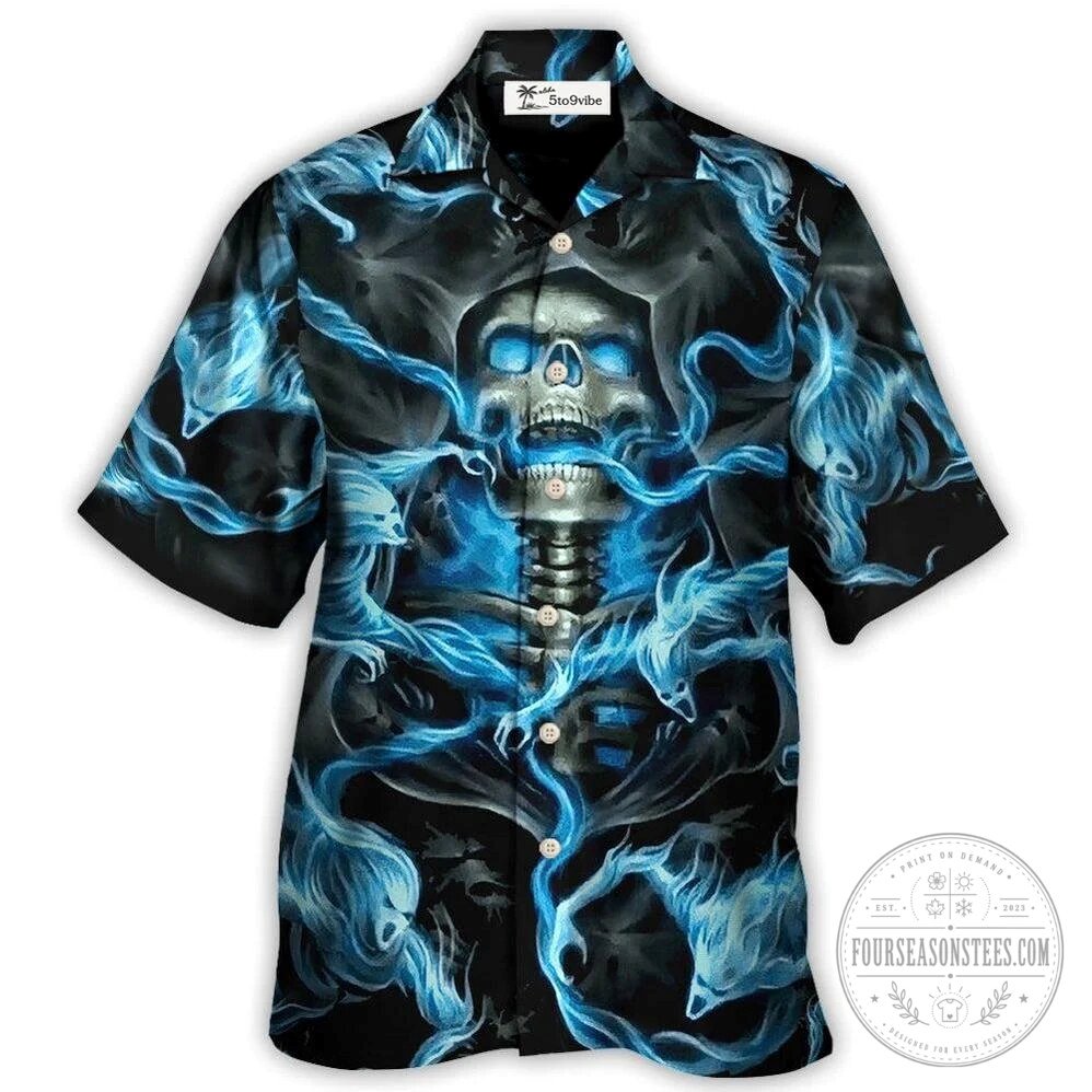 Blue Flaming Skull Skeleton Halloween Hawaiian Shirt