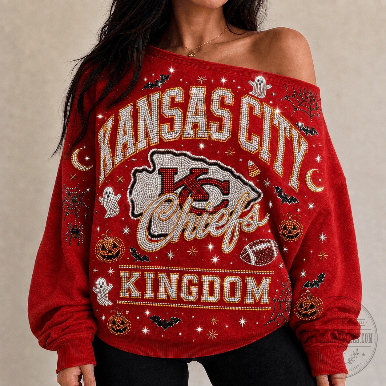 Kansas City Chiefs Halloween Kingdom Rhinestone Embellished Sweatshirt for Women