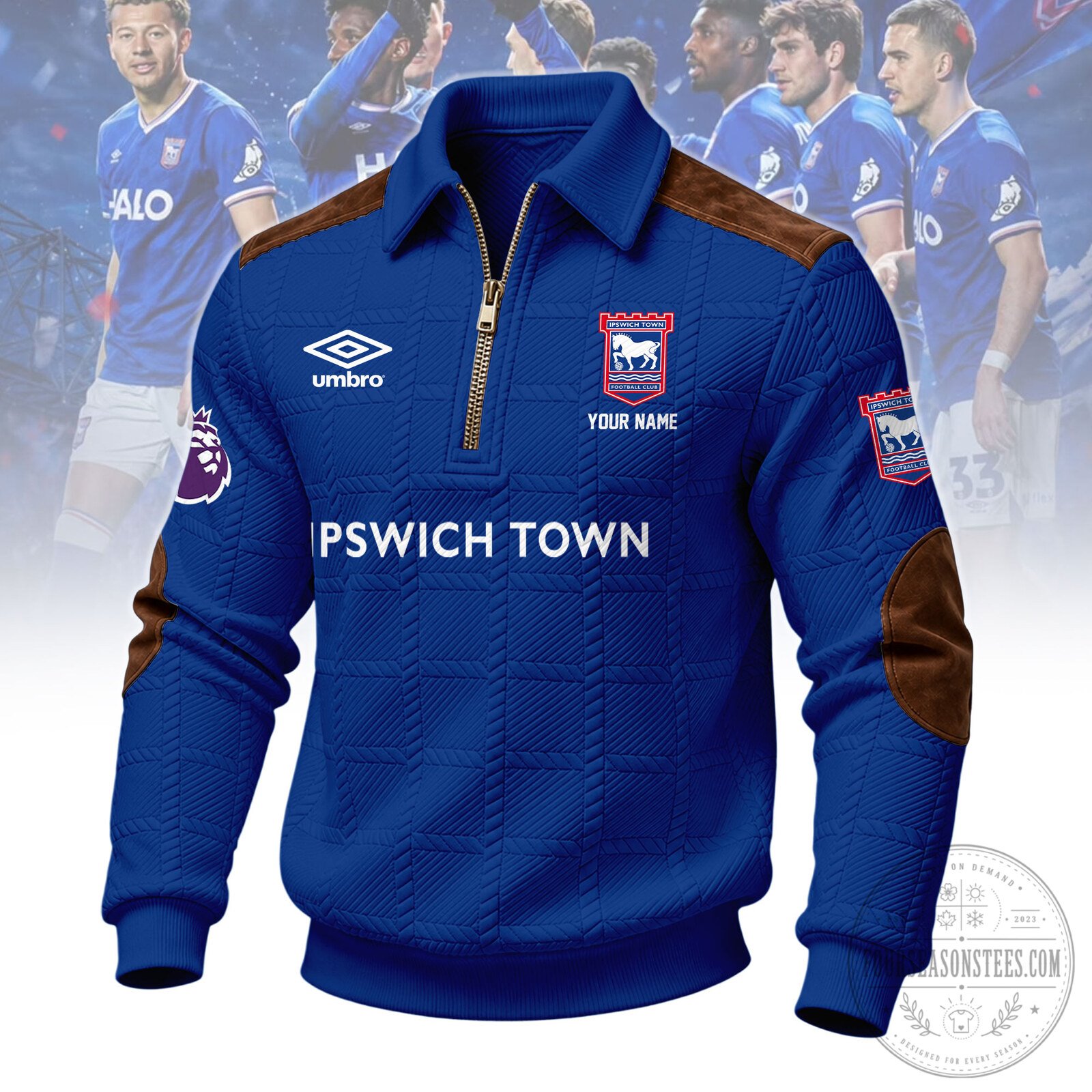 Ipswich Town Football Club Blue Quarter Zip Jacket with Brown Patches