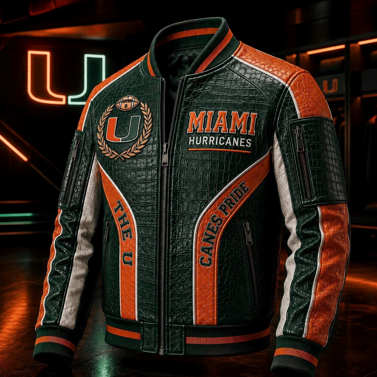 Miami Hurricanes NCAA Football Team Croc-Embossed Leather Bomber Jacket