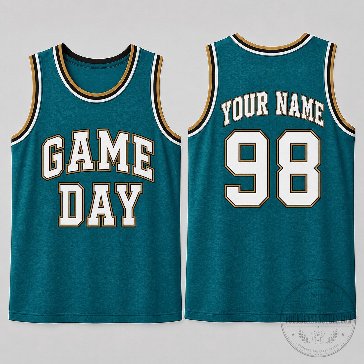 Teal and Gold Custom Sports Jersey with Personalized Game Day Number