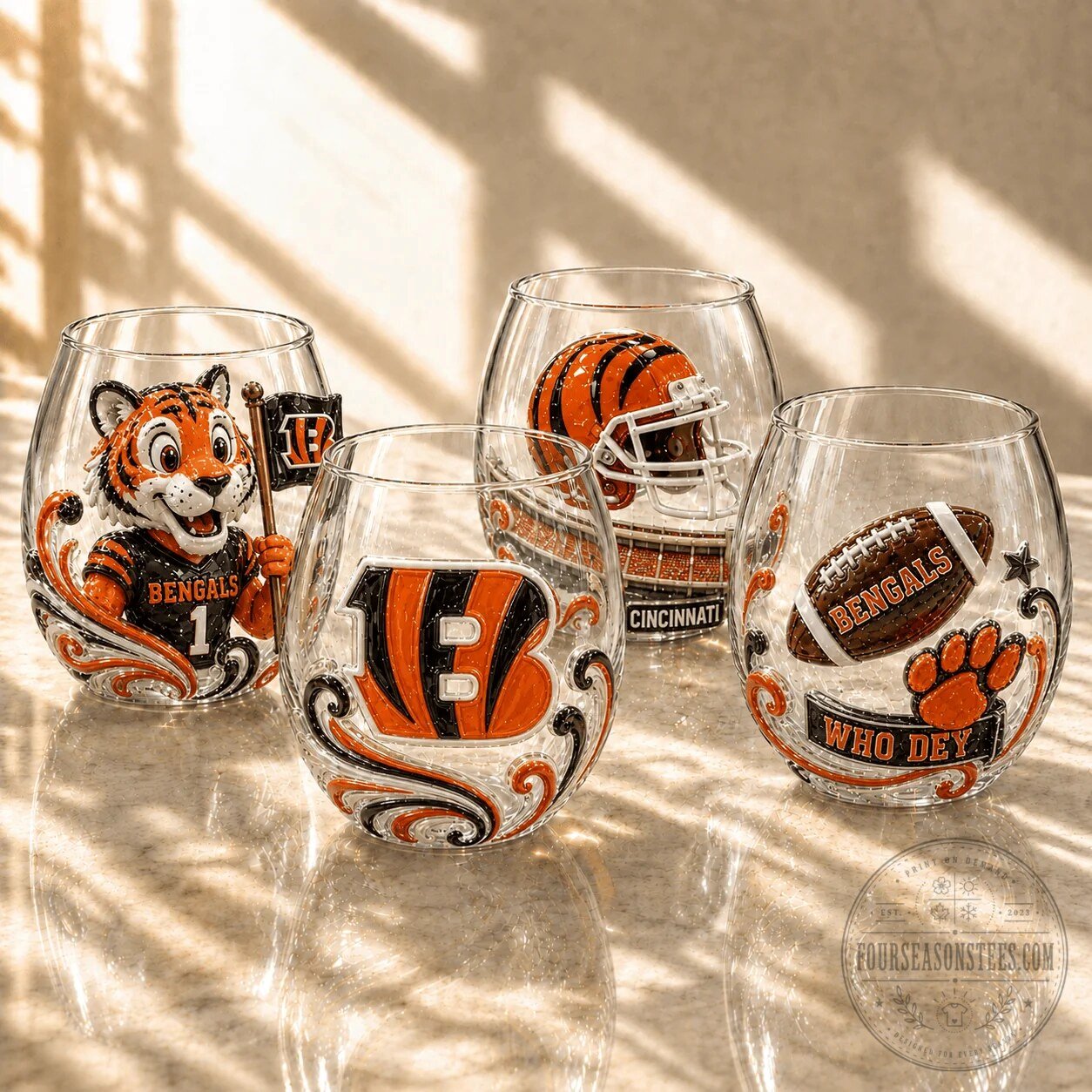 Stemless Wine Glass Set featuring the Cincinnati Bengals Football Team