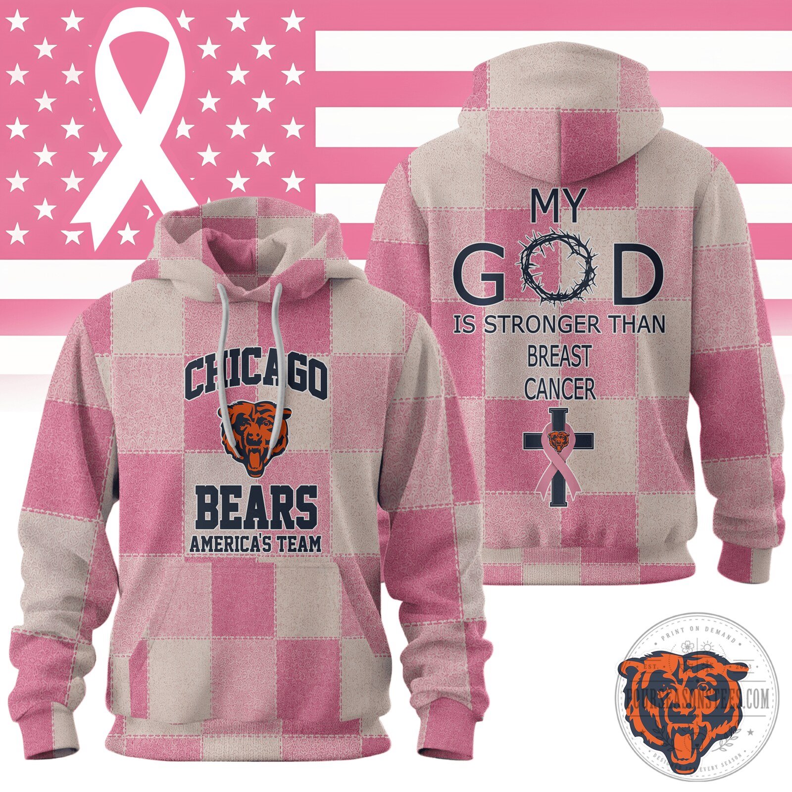 Chicago Bears NFL Football Breast Cancer Awareness Pink Plaid Hoodie