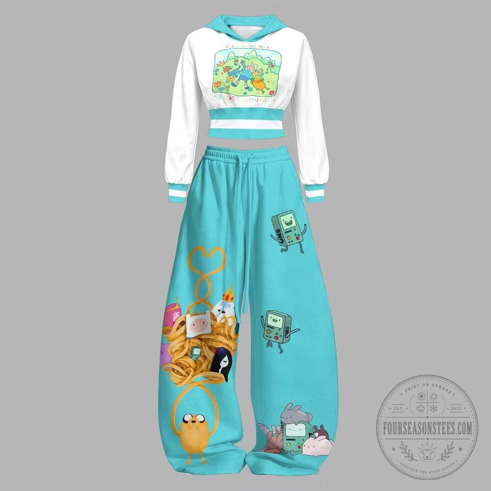 Adventure Time Finn and Jake Cartoon Character Crop Hoodie and Pants Set