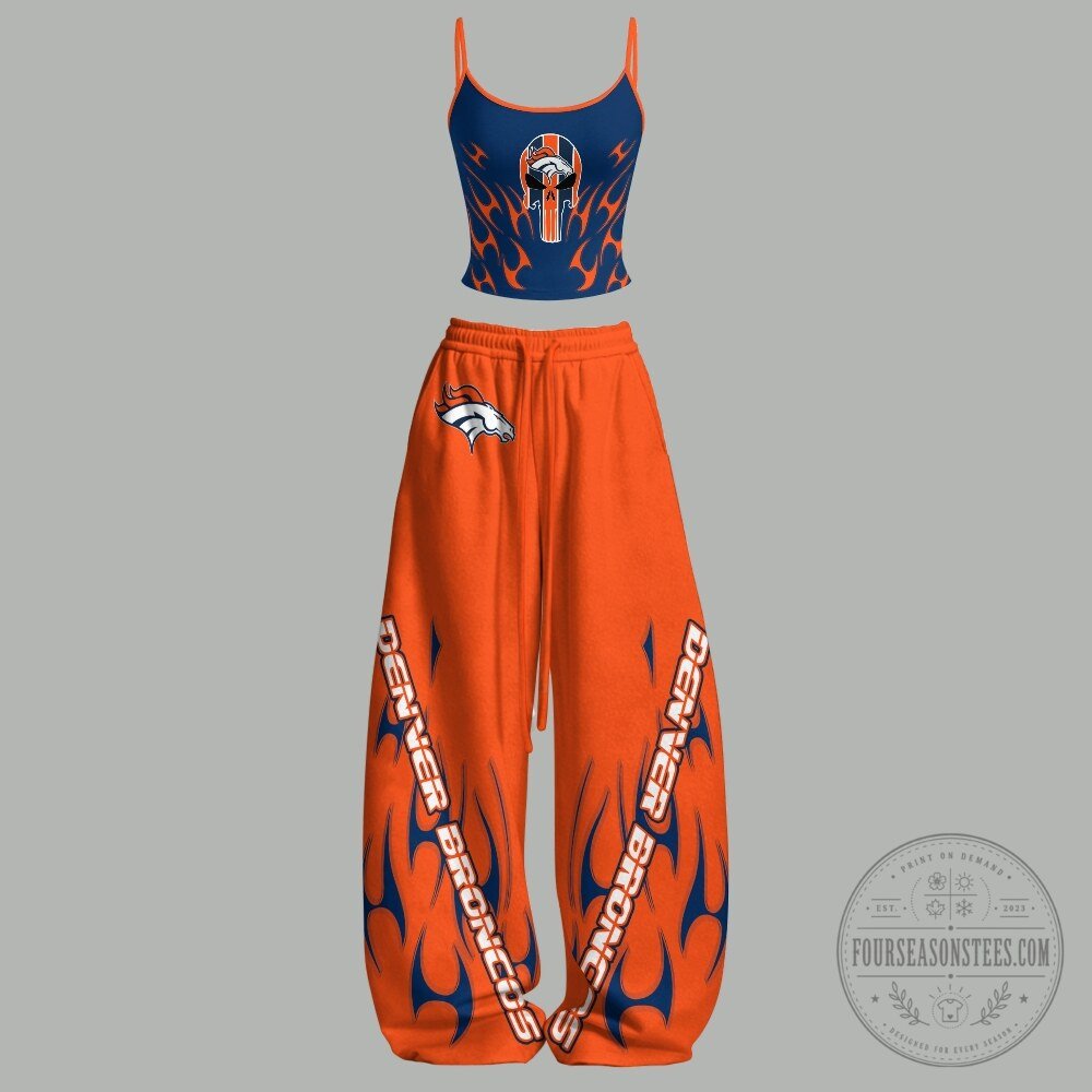 Denver Broncos Flame Print Cropped Tank Top and Baggy Sweatpants Set