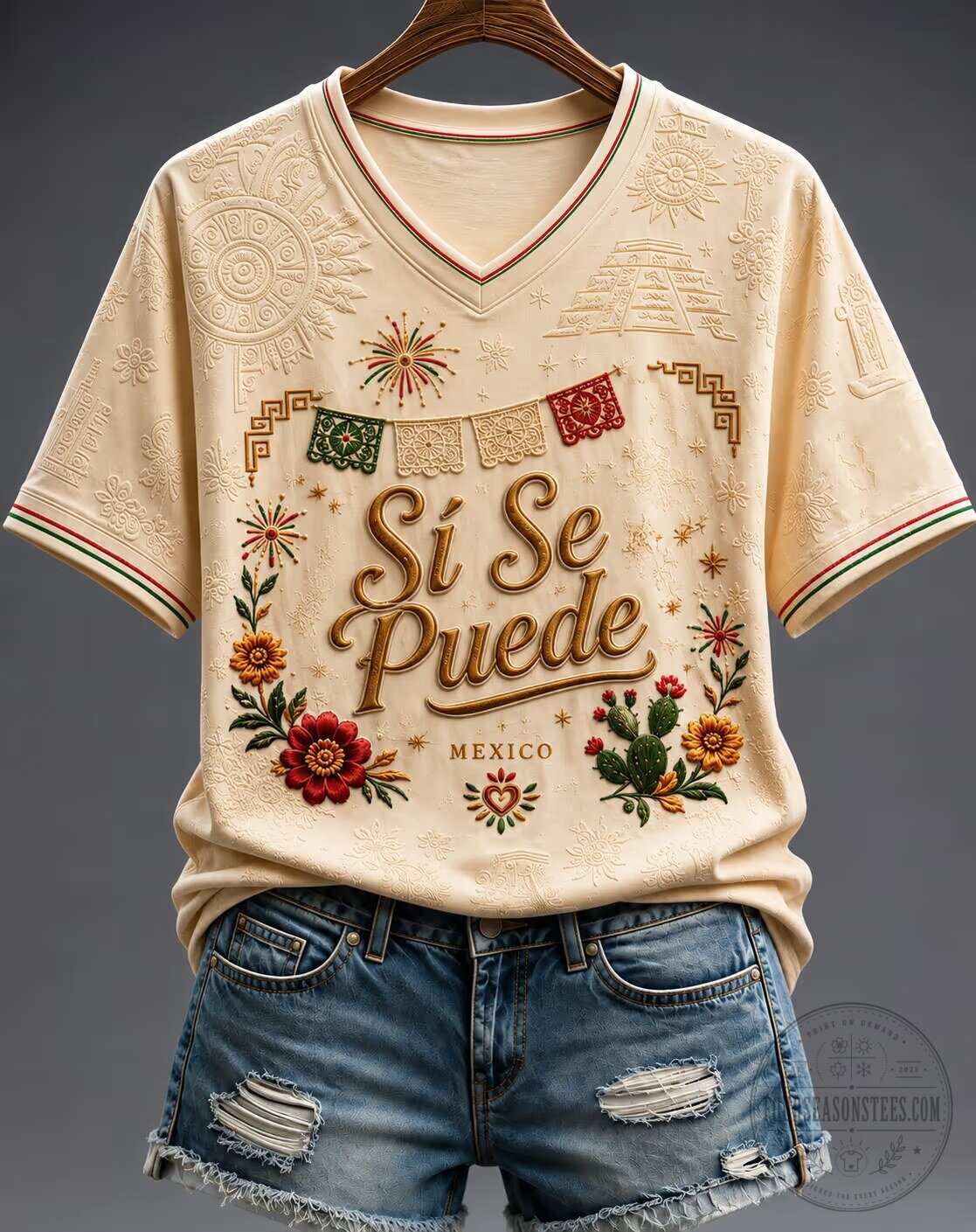 Mexican Si Se Puede Mexico Floral Cactus Women's V-Neck T-Shirt