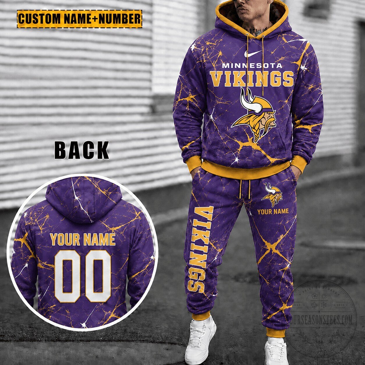 Minnesota Vikings Personalized Purple Marble Hoodie and Sweatpants Set