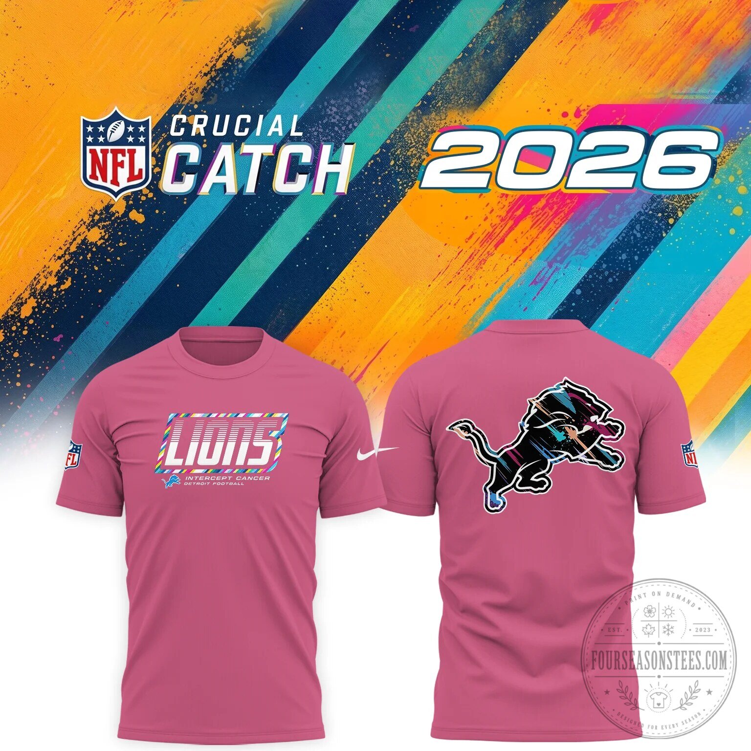Detroit Lions Crucial Catch 2026 Intercept Cancer Pink Short Sleeve T-Shirt