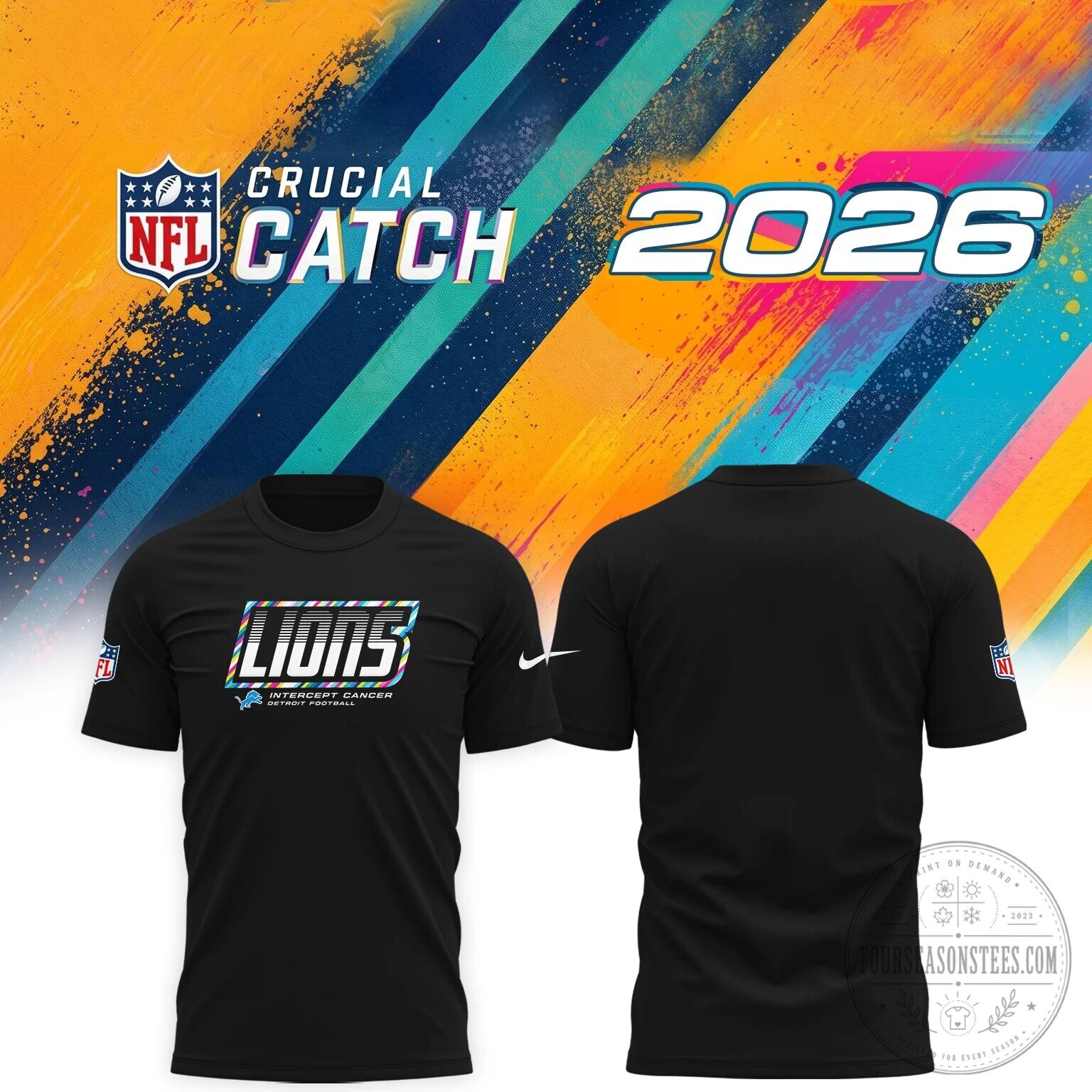 Detroit Lions Crucial Catch 2026 Intercept Cancer Football T-Shirt