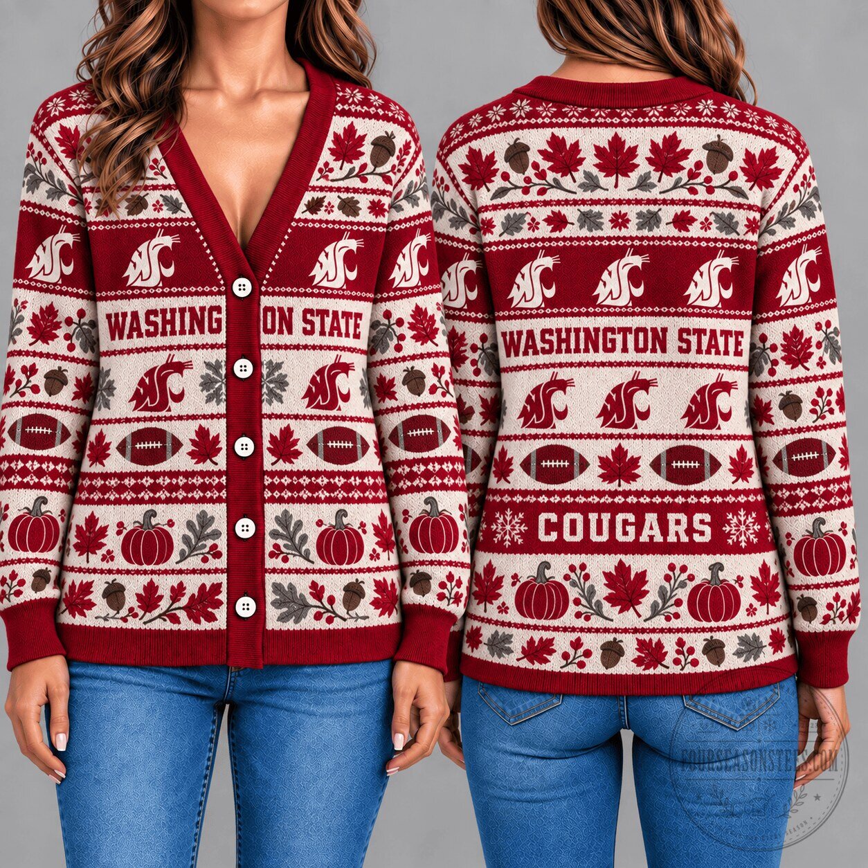 Washington State Cougars Autumn Leaves Football Knitted Cardigan Sweater
