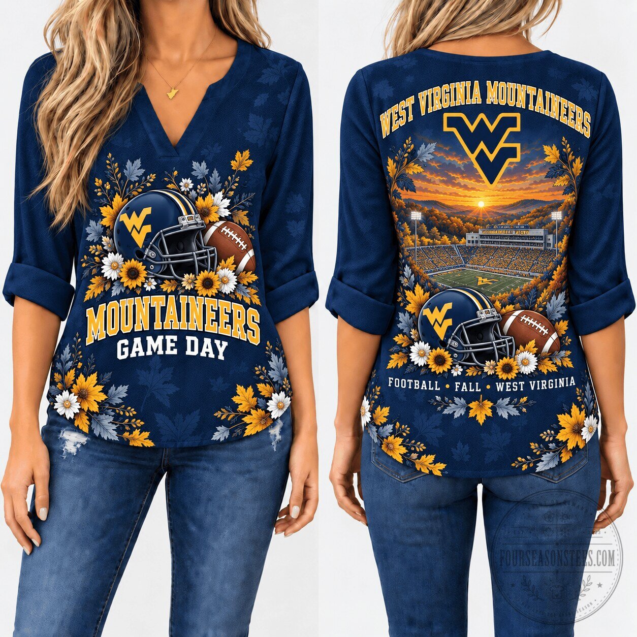West Virginia Mountaineers Football Game Day Sunflowers V-Neck Long-Sleeve Shirt