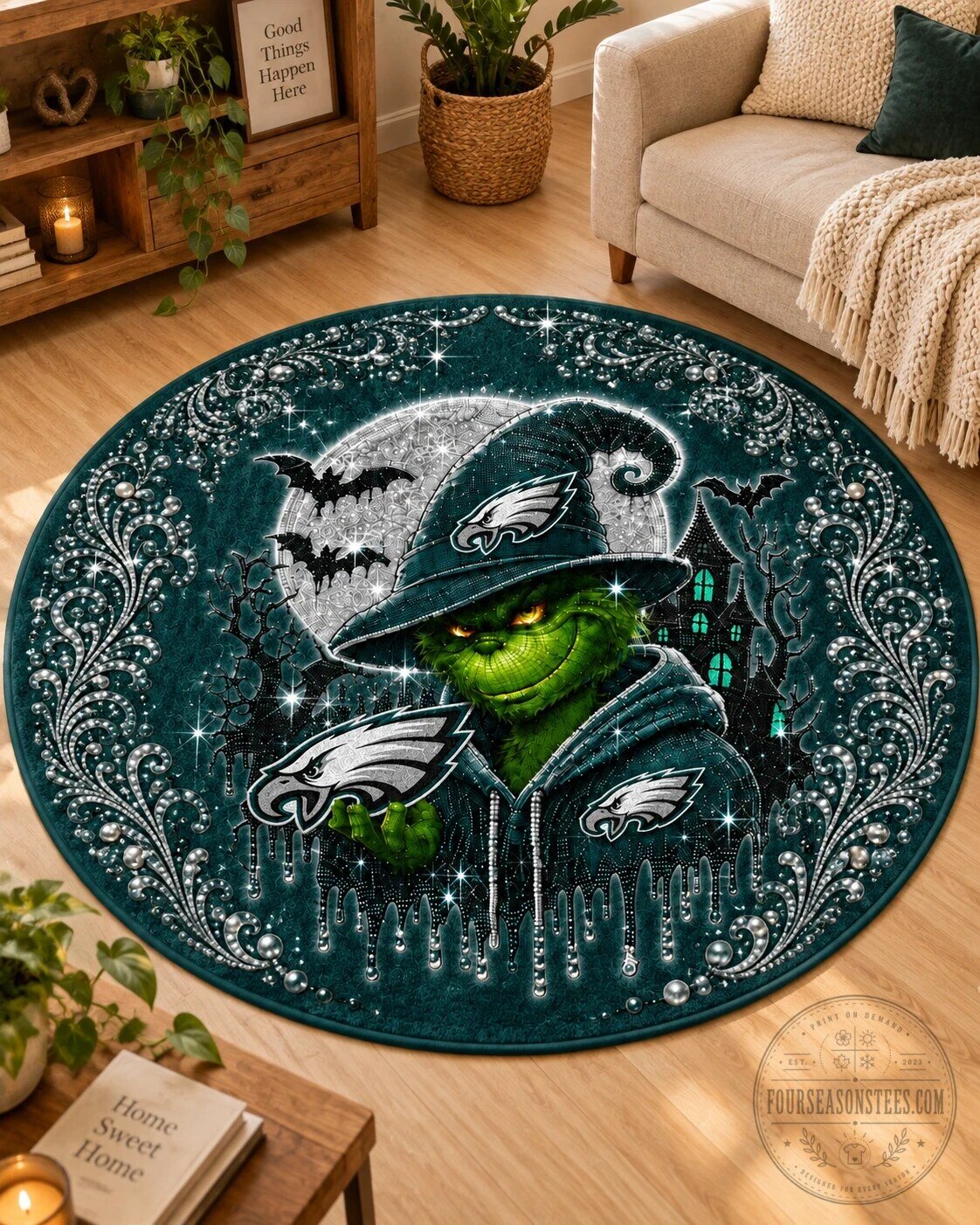 Philadelphia Eagles Grinch Halloween Round Rug Floor Mat