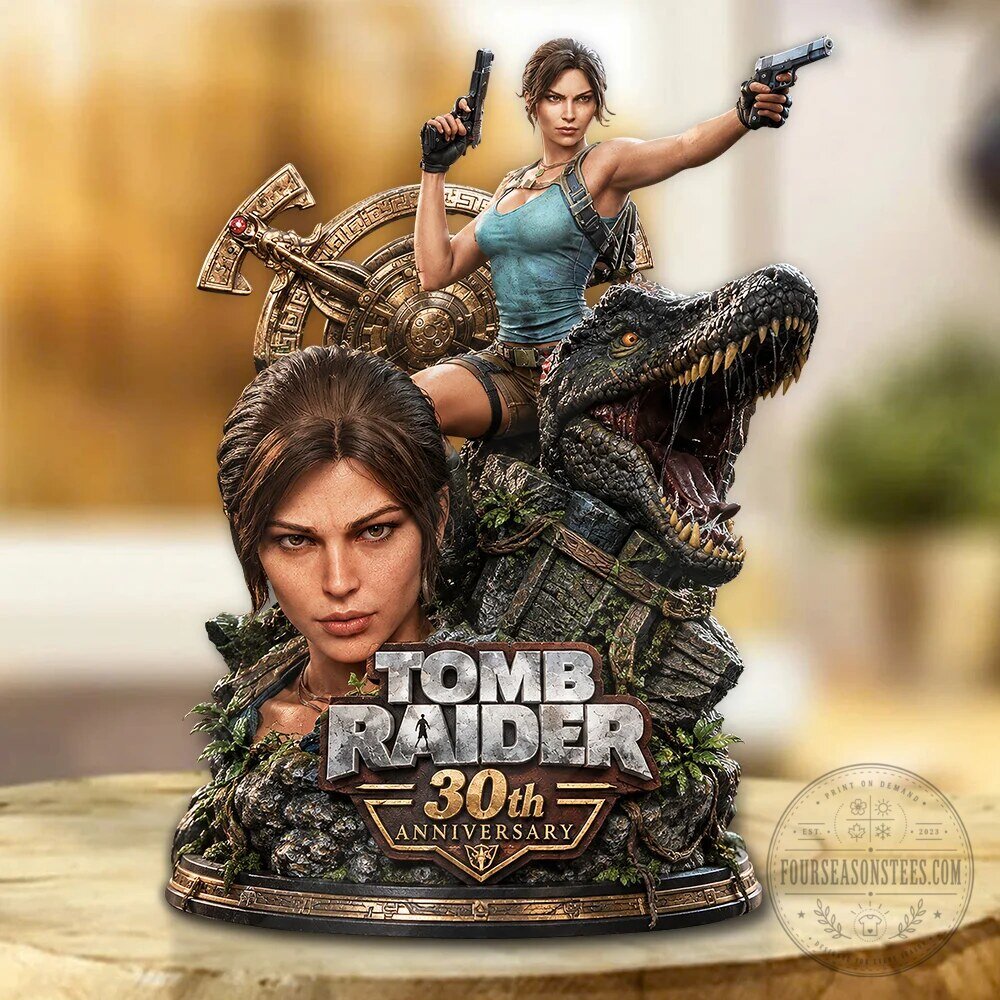 Tomb Raider 30th Anniversary Lara Croft Dinosaur Acrylic Plaque 1 Tomb Raider 30th Anniversary Lara Croft Dinosaur Acrylic Plaque