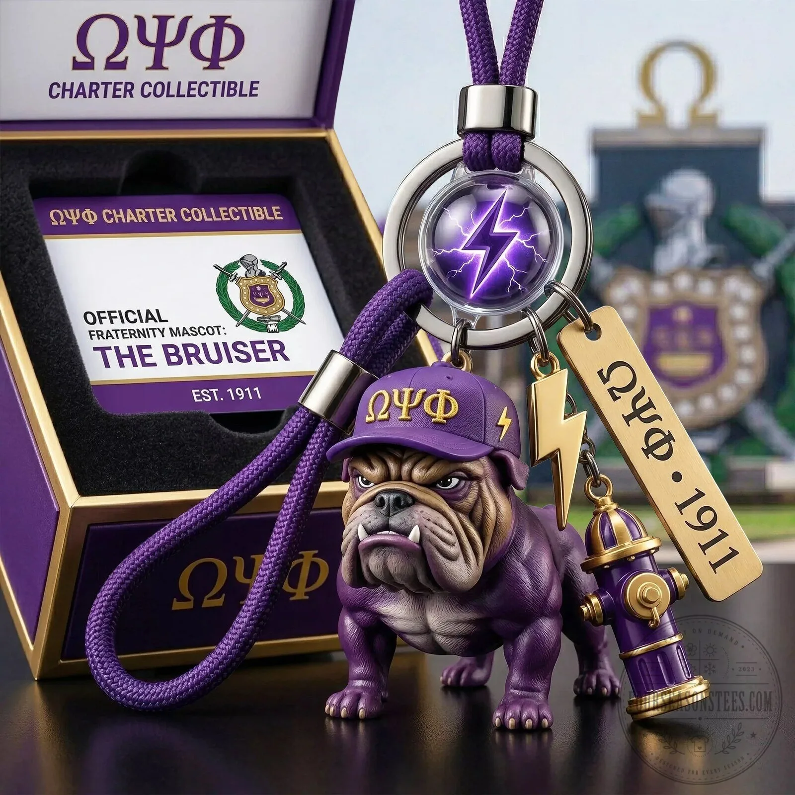 Omega Psi Phi The Bruiser Bulldog Mascot Keychain with Fire Hydrant Charm