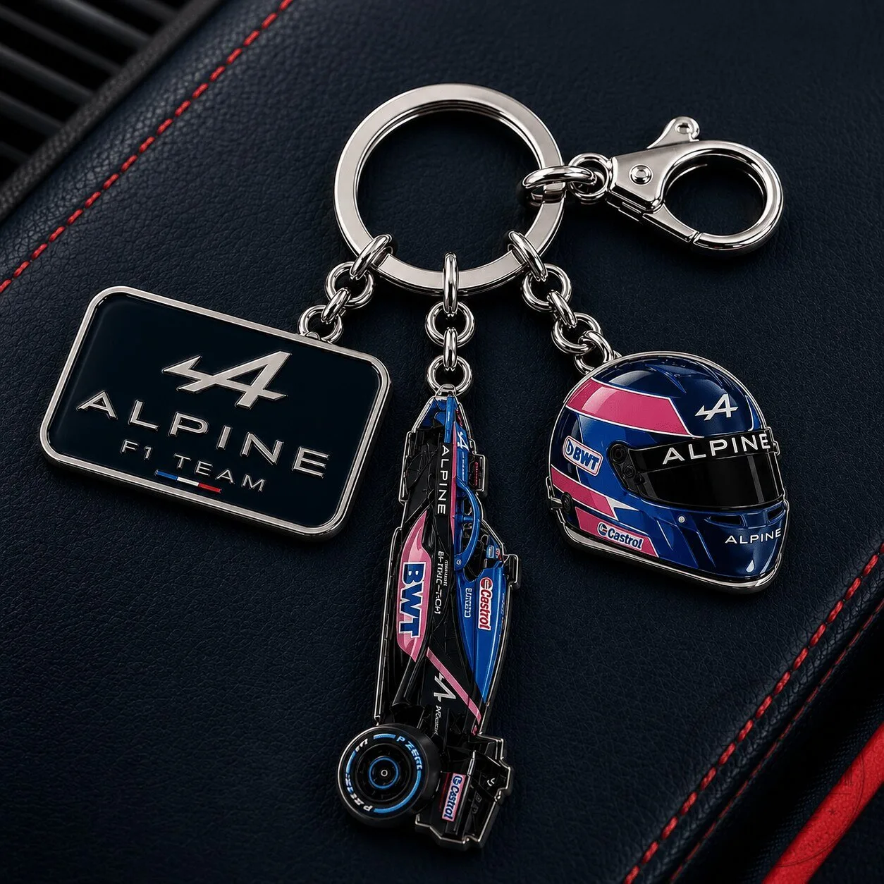 Alpine Formula 1 Team Car and Helmet Charm Keychain
