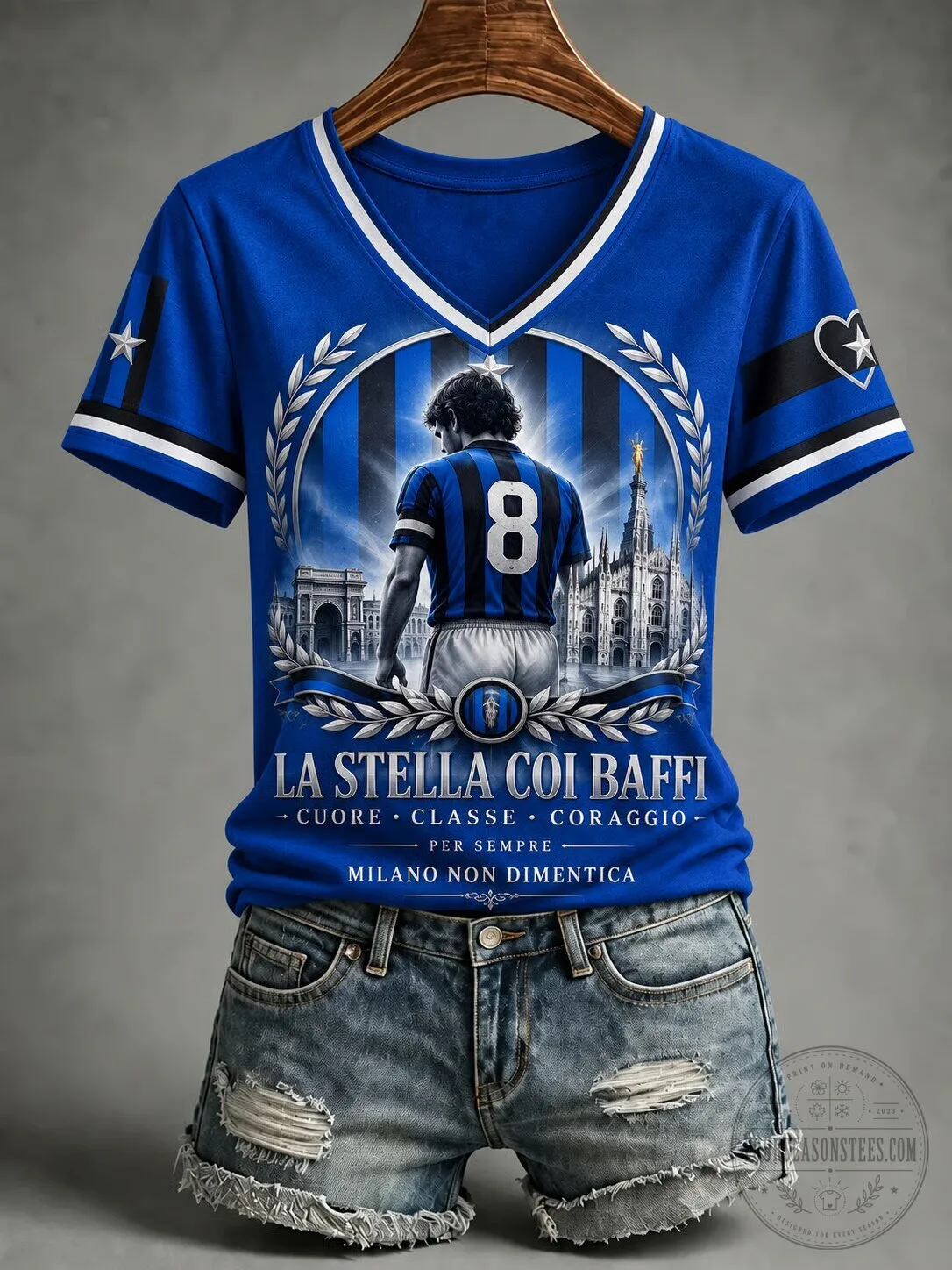 Roberto Baggio Inter Milan Football Club Legend Number 8 V-Neck T-Shirt