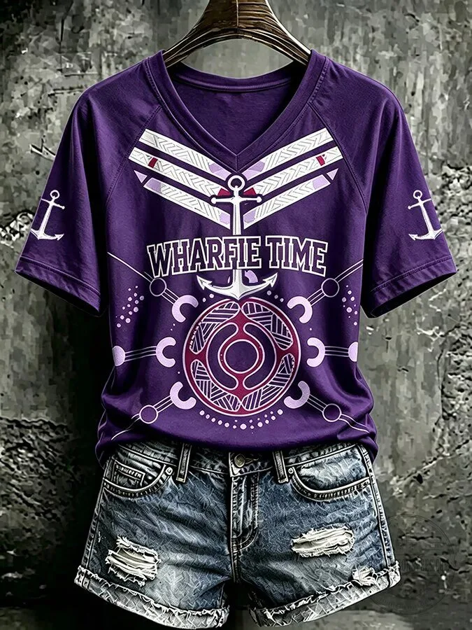 Wharfie Time Anchor Print Purple V-Neck Short Sleeve T-Shirt
