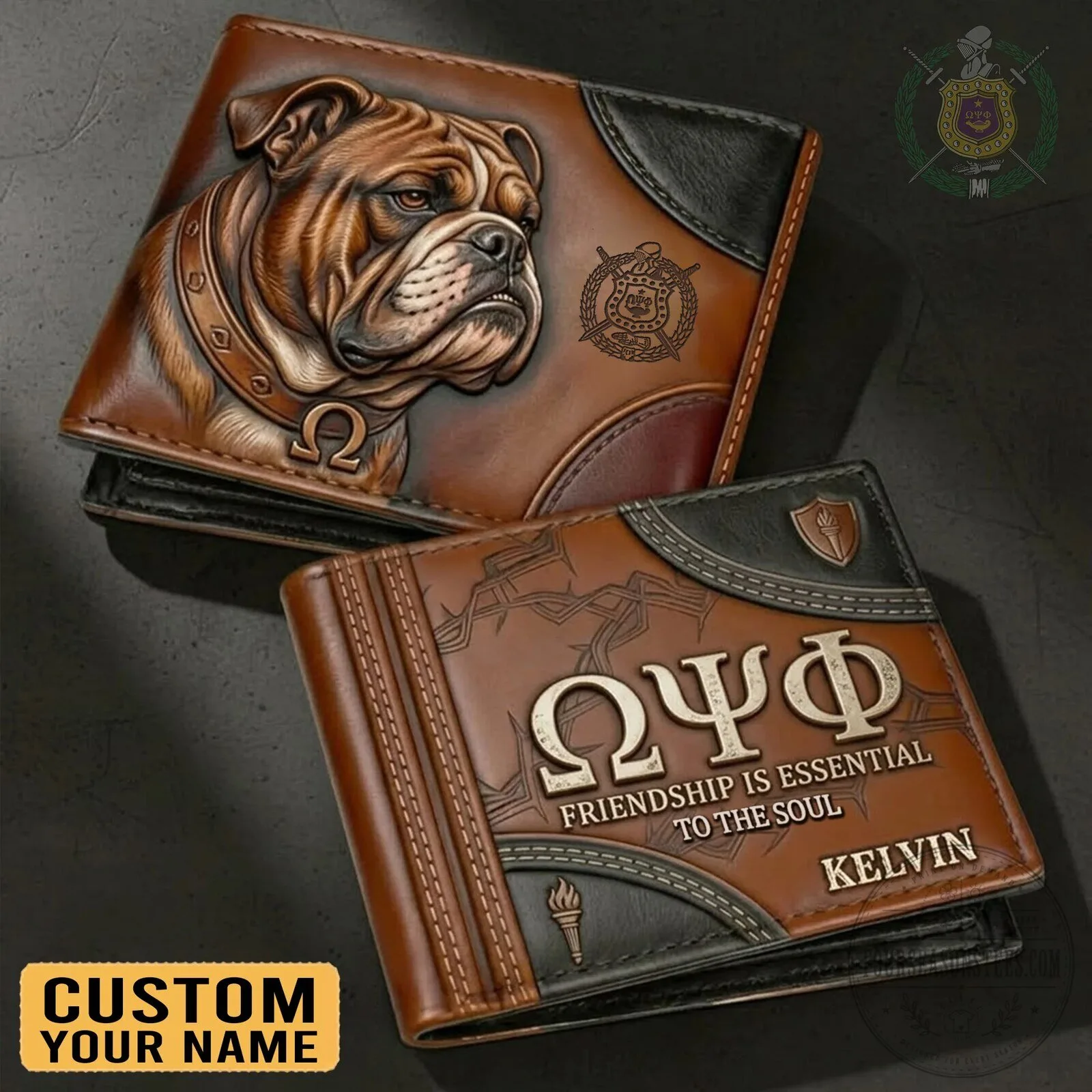 Omega Psi Phi Fraternity Bulldog Custom Leather Wallet