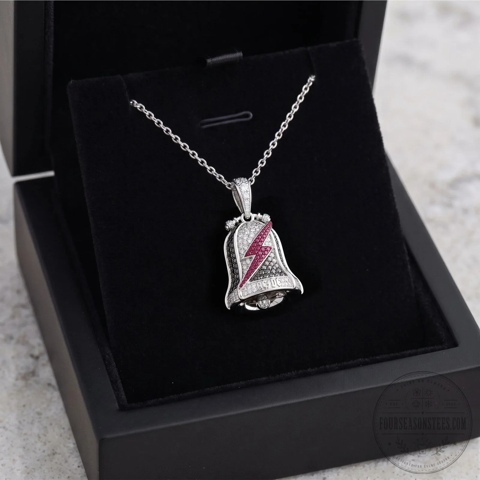 Red Lightning Bolt with Diamond Accents on Silver Bell Pendant Necklace