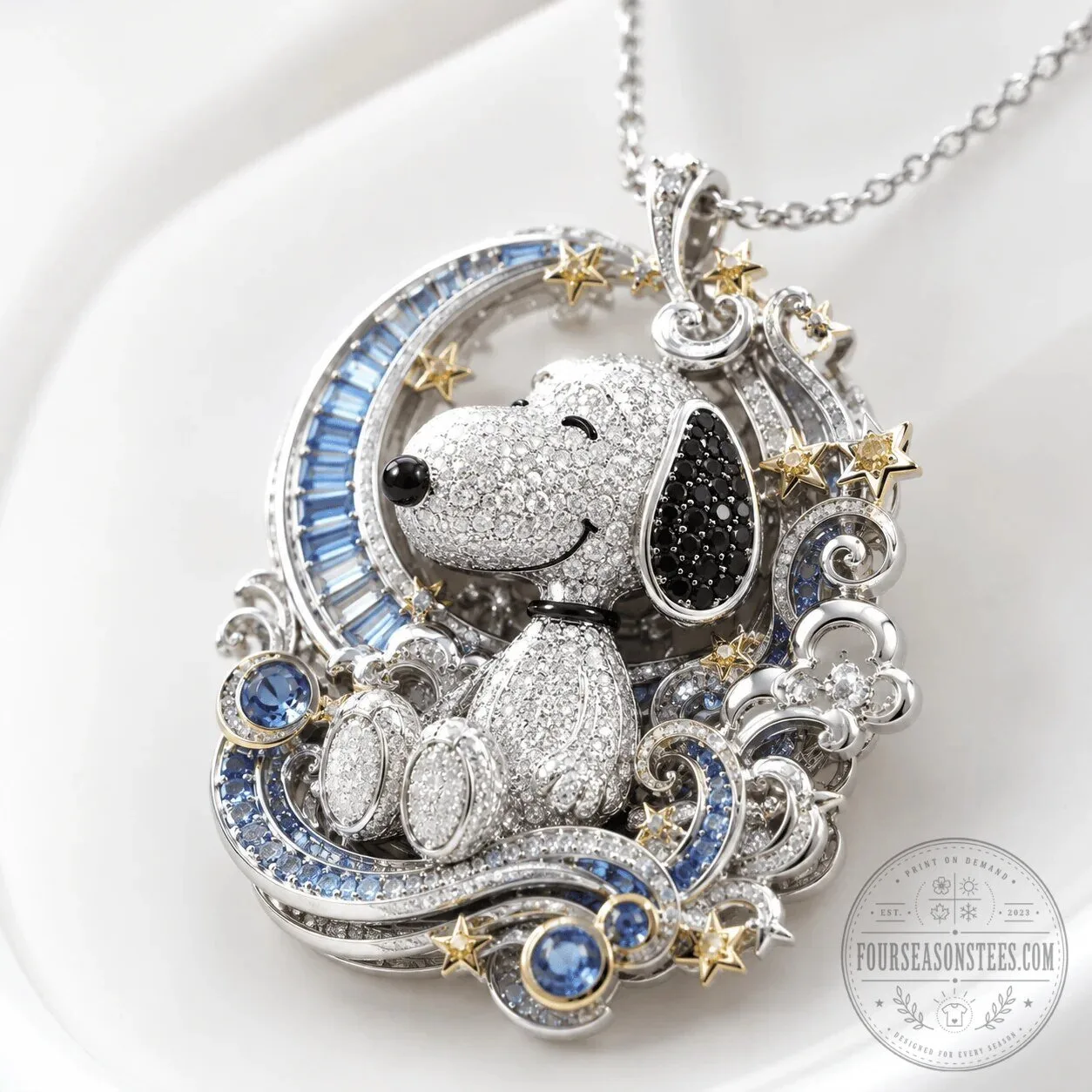 Snoopy Diamond Pendant Necklace with Blue Sapphires and Gold Stars