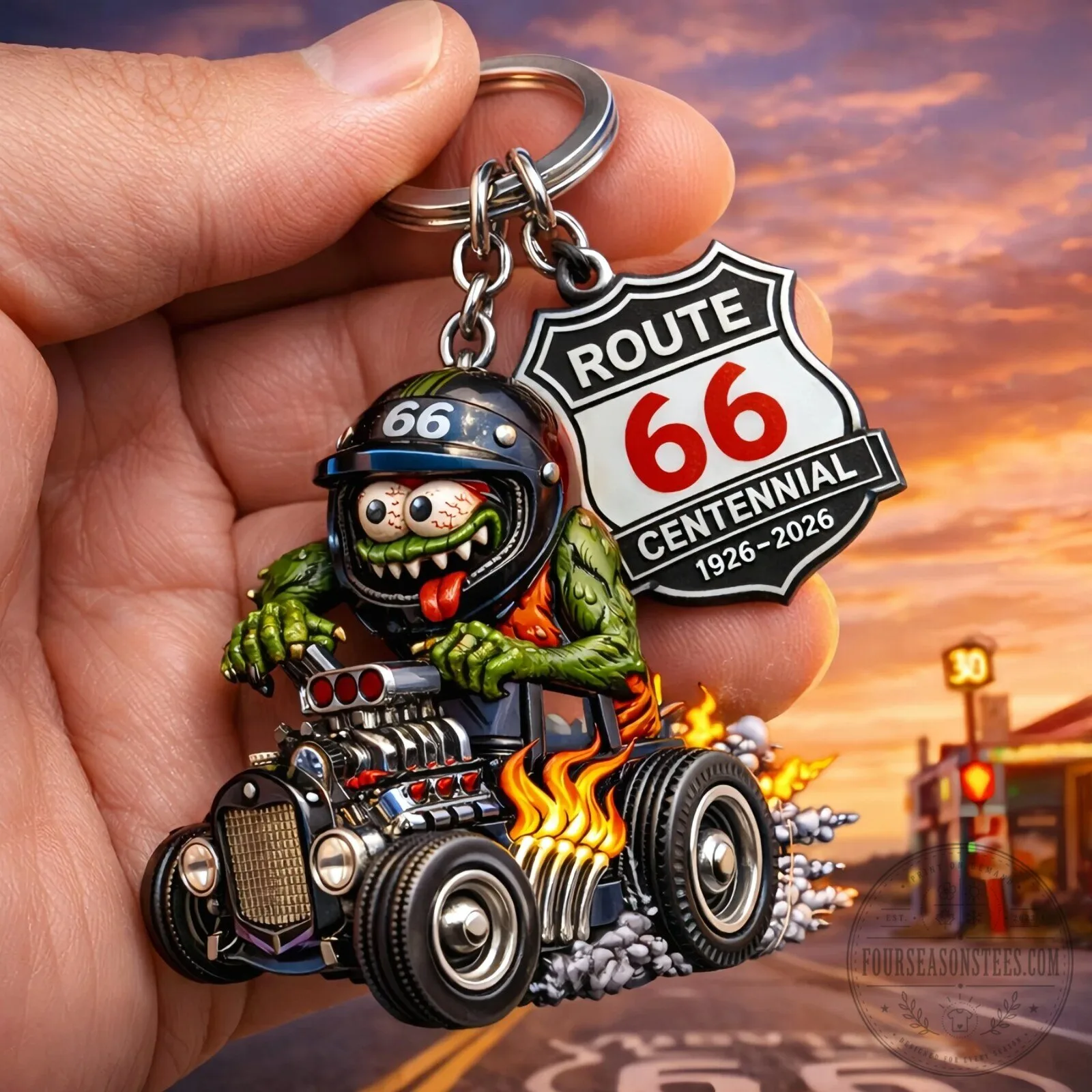 Route 66 Centennial Edition Rat Fink Hot Rod Car Keychain