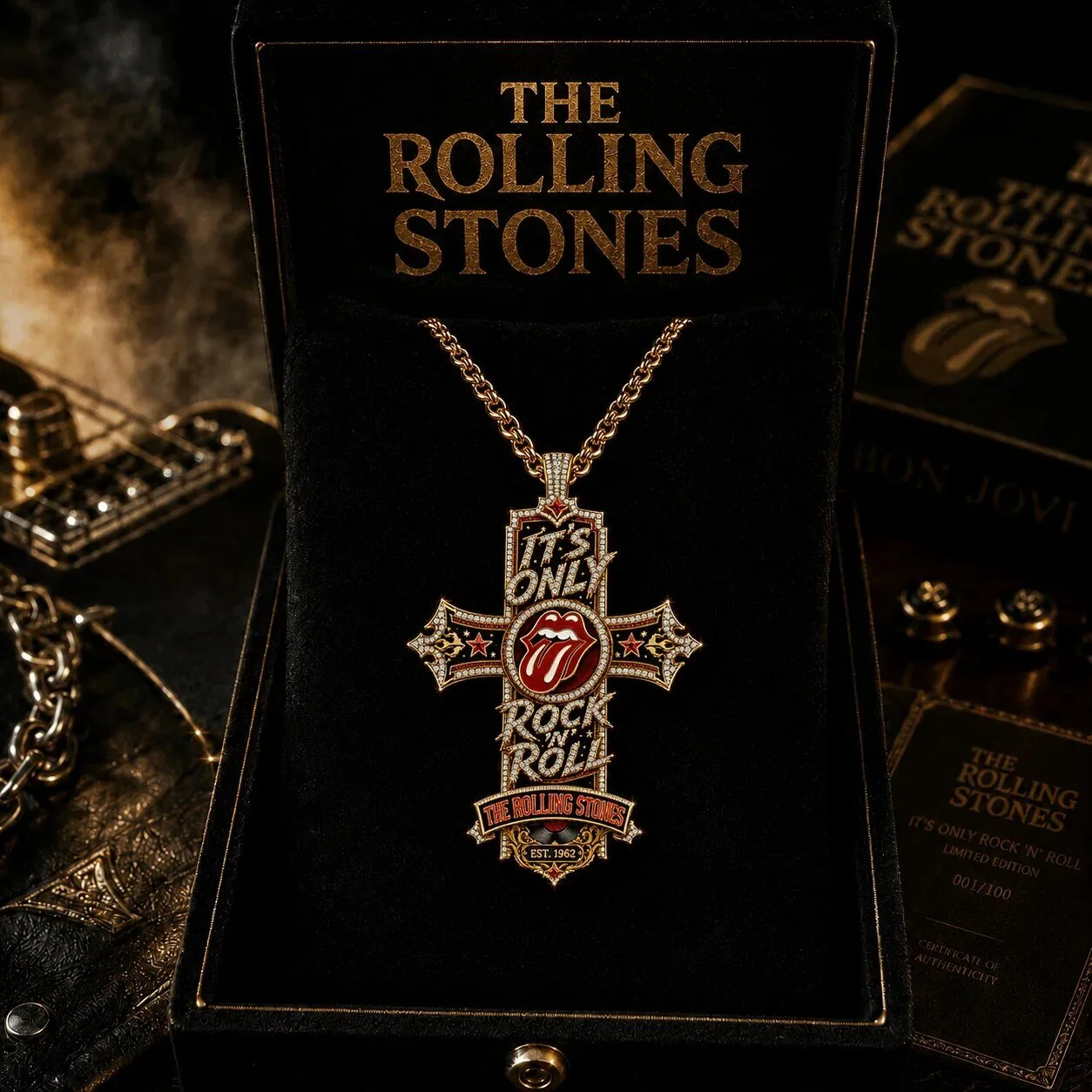 The Rolling Stones It's Only Rock 'n Roll Gold Diamond Cross Pendant Necklace