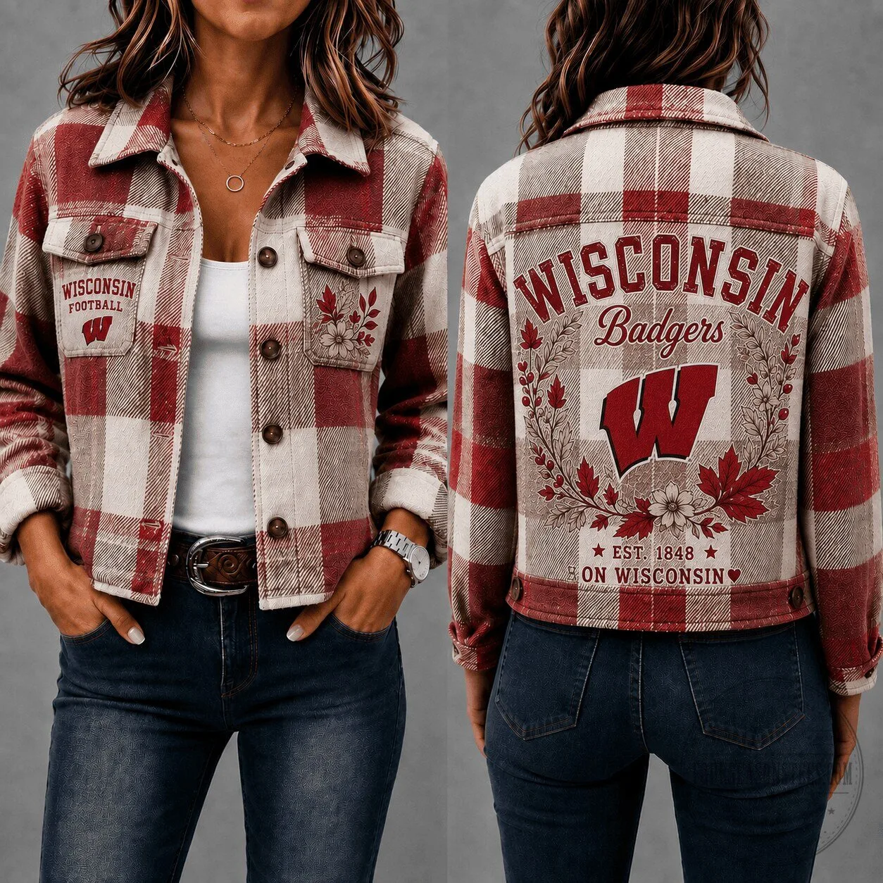 Wisconsin Badgers Football Plaid Flannel Jacket for Women