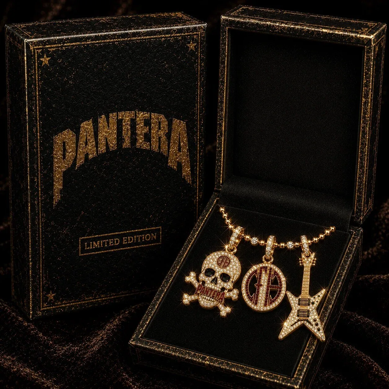 Pantera Limited Edition Solid Gold Chain with Diamond Skull and Guitar Pendants