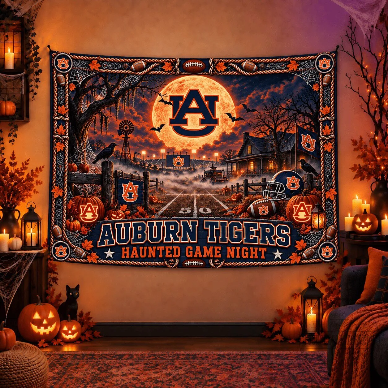 Auburn Tigers Haunted Game Night Halloween Football Wall Tapestry 5 Auburn Tigers Haunted Game Night Halloween Football Wall Tapestry