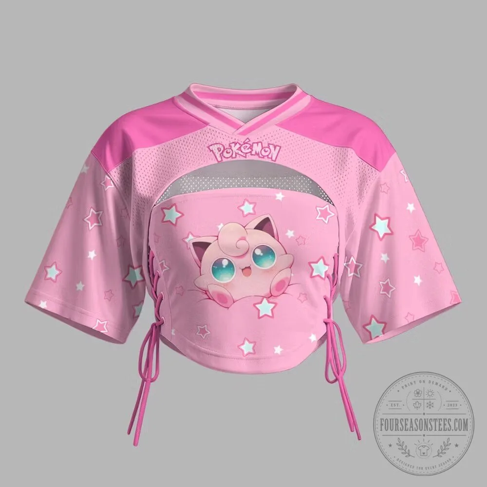 Cute Jigglypuff Pokemon Stars Pink Crop Top T-Shirt for Women 2 Cute Jigglypuff Pokemon Stars Pink Crop Top T-Shirt for Women