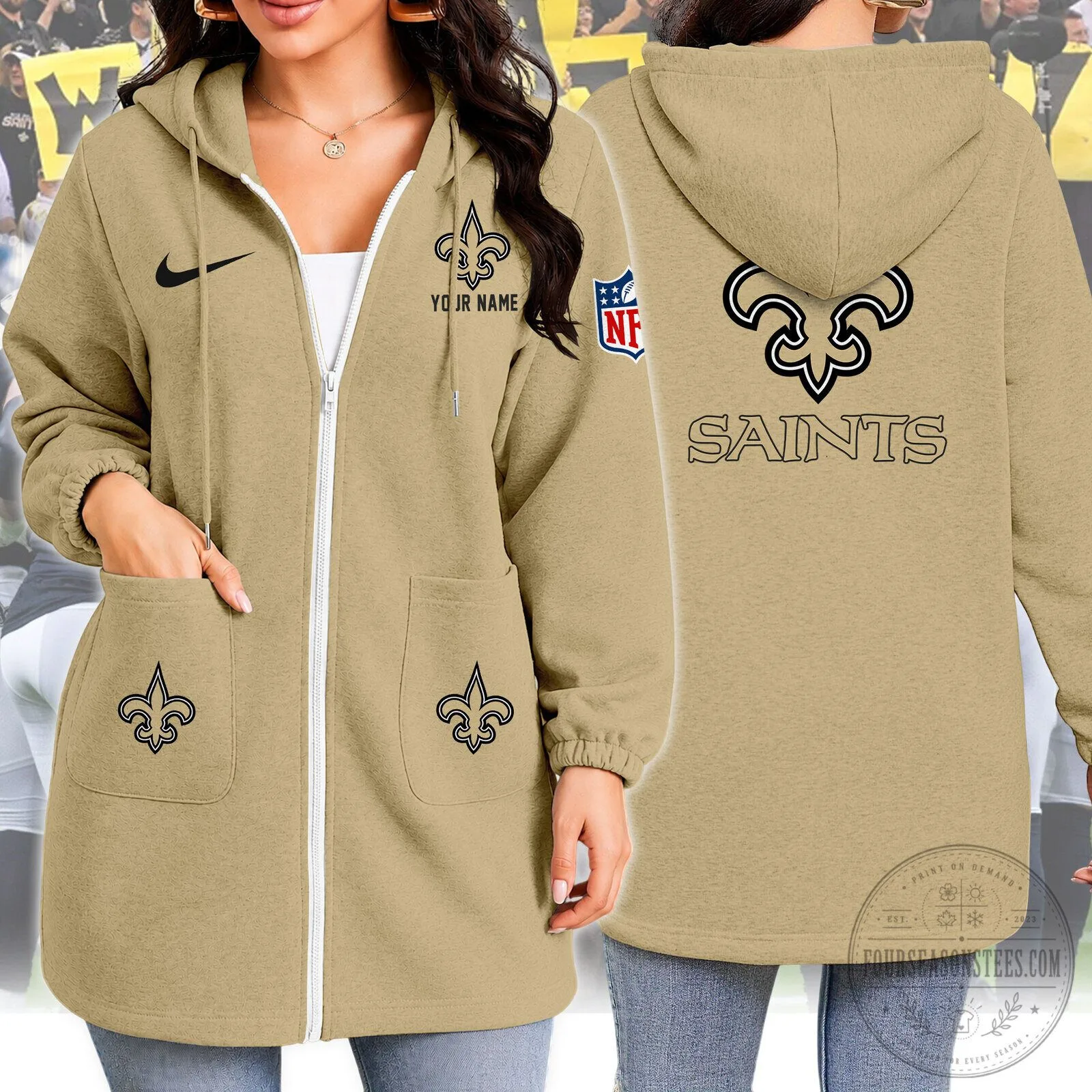 New Orleans Saints Personalized Full Zip Hoodie with Pockets