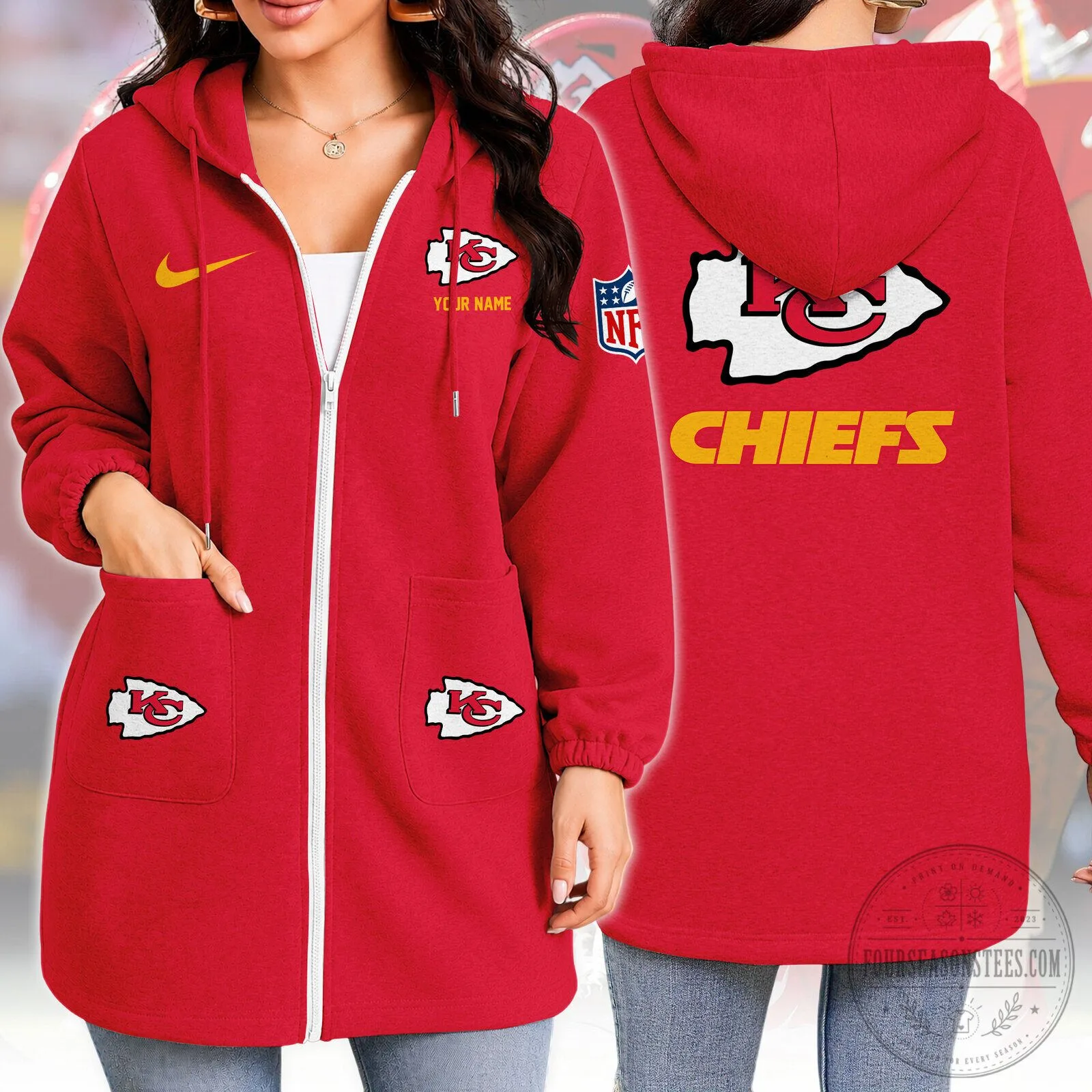 Kansas City Chiefs NFL Football Team Red Full-Zip Hoodie for Women