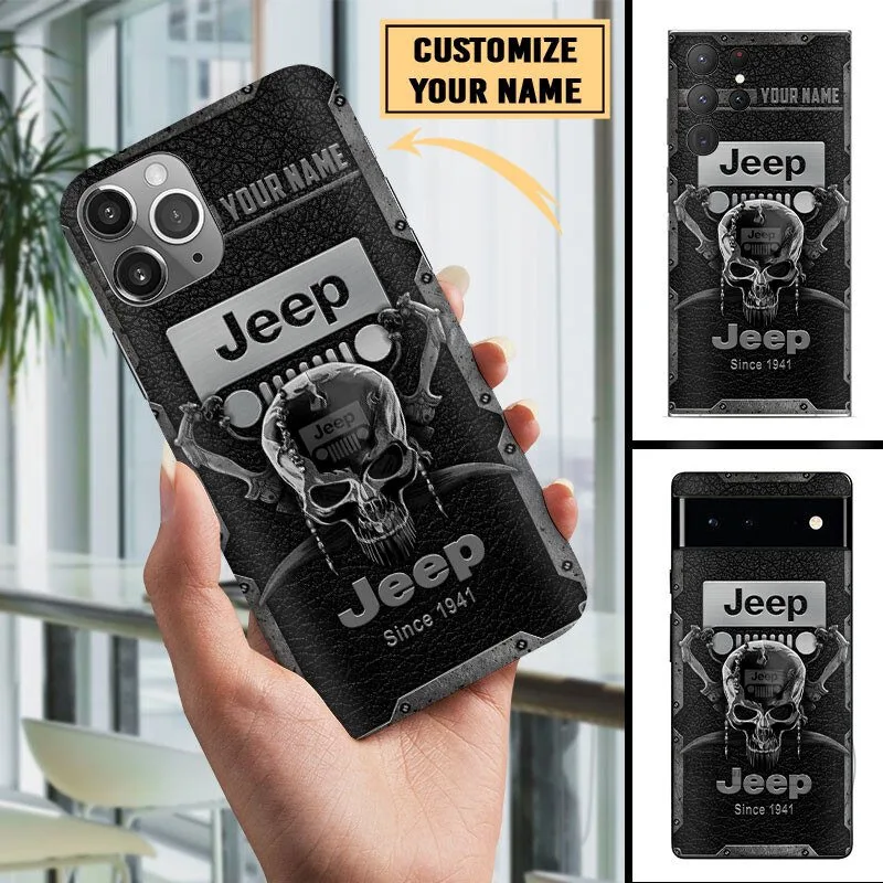 Jeep Skull Logo Personalized Black Leather Texture Phone Case