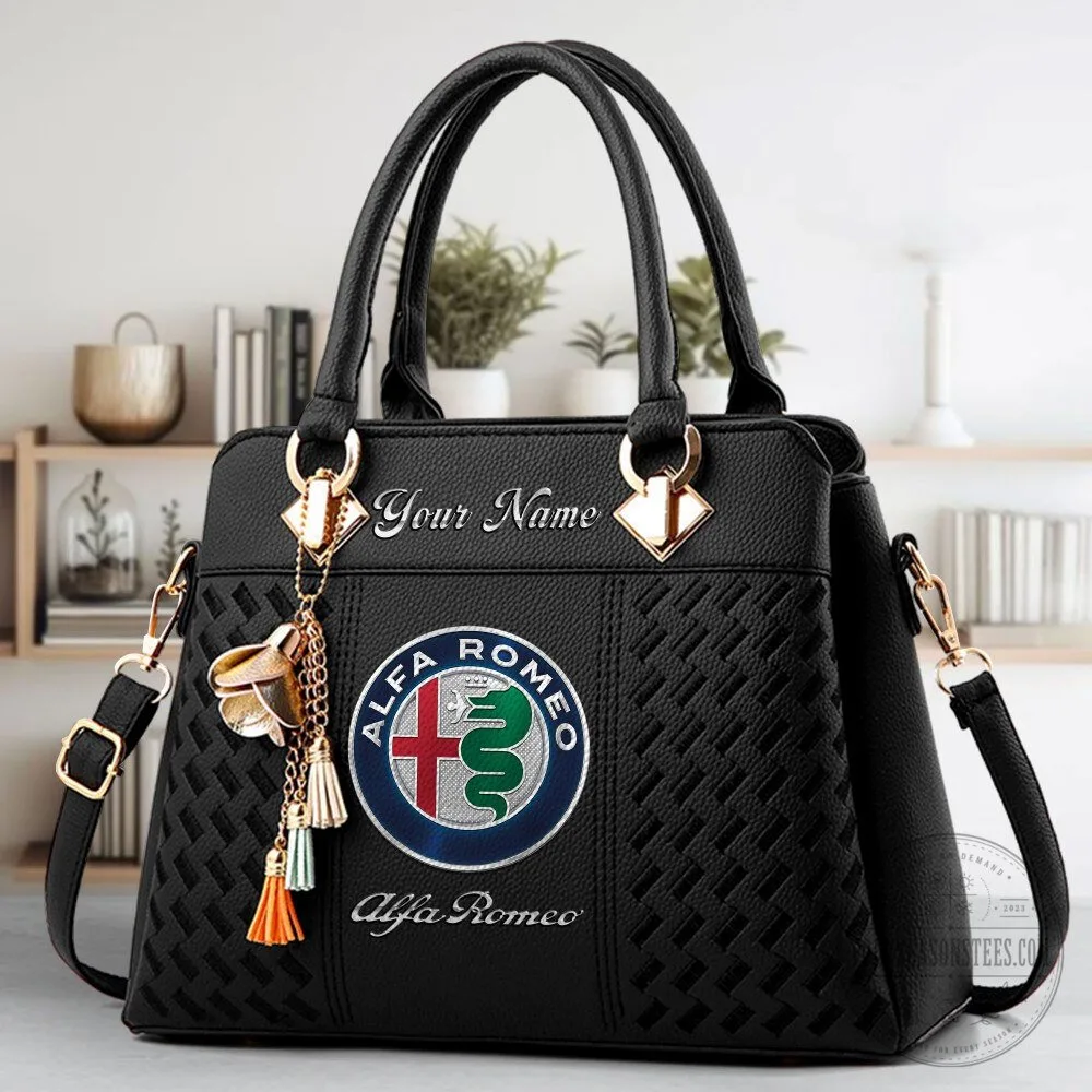 Alfa Romeo Car Logo Personalized Black Leather Handbag