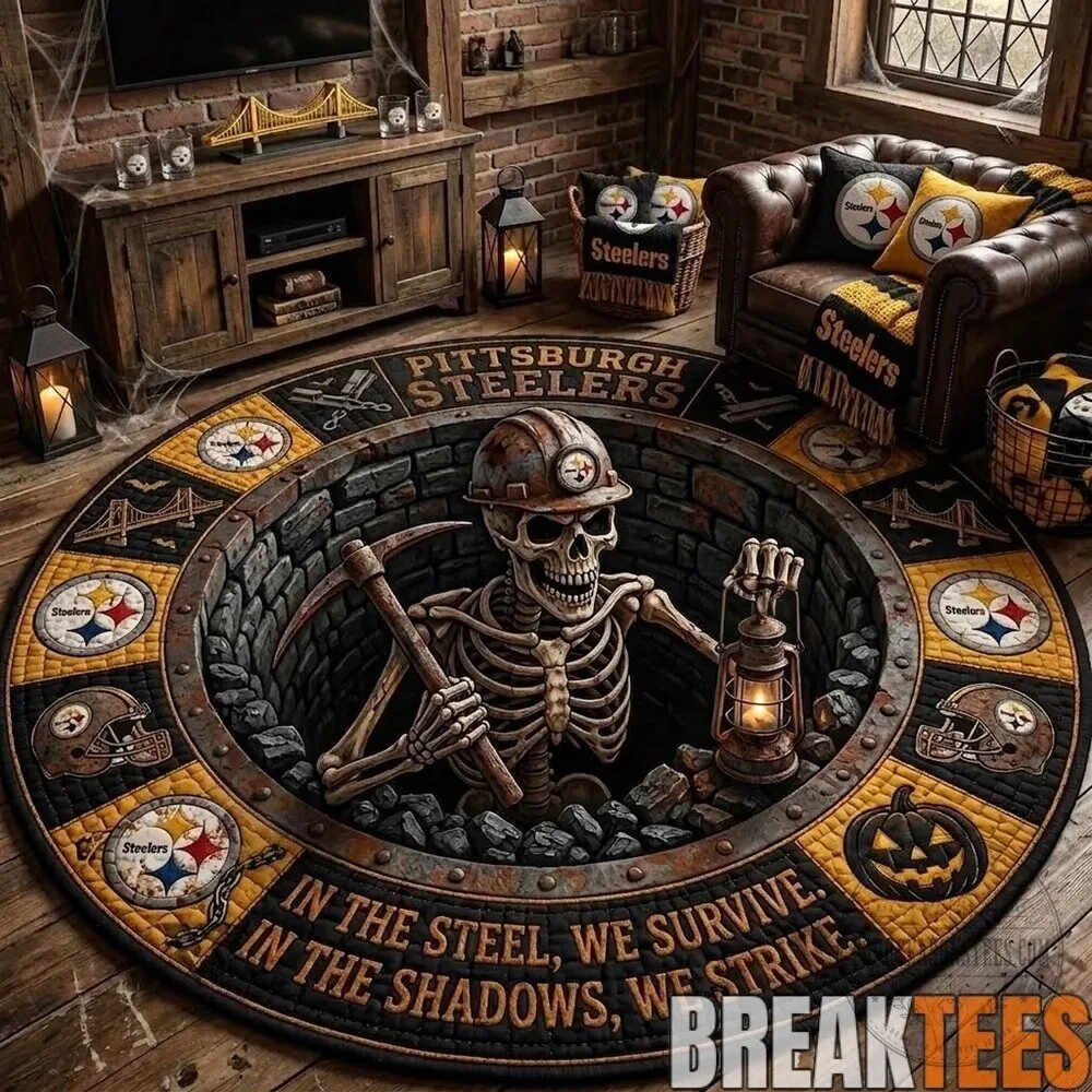 Pittsburgh Steelers Halloween Skeleton Miner Quilted Round Rug