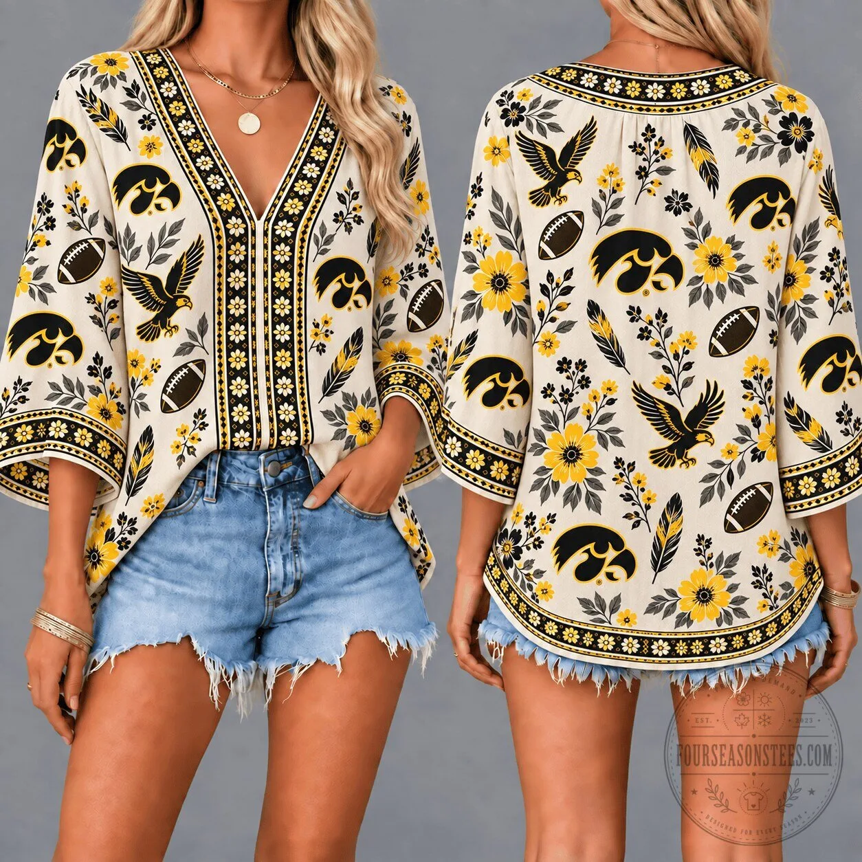 Iowa Hawkeyes NCAA College Team Floral Boho V-Neck Blouse