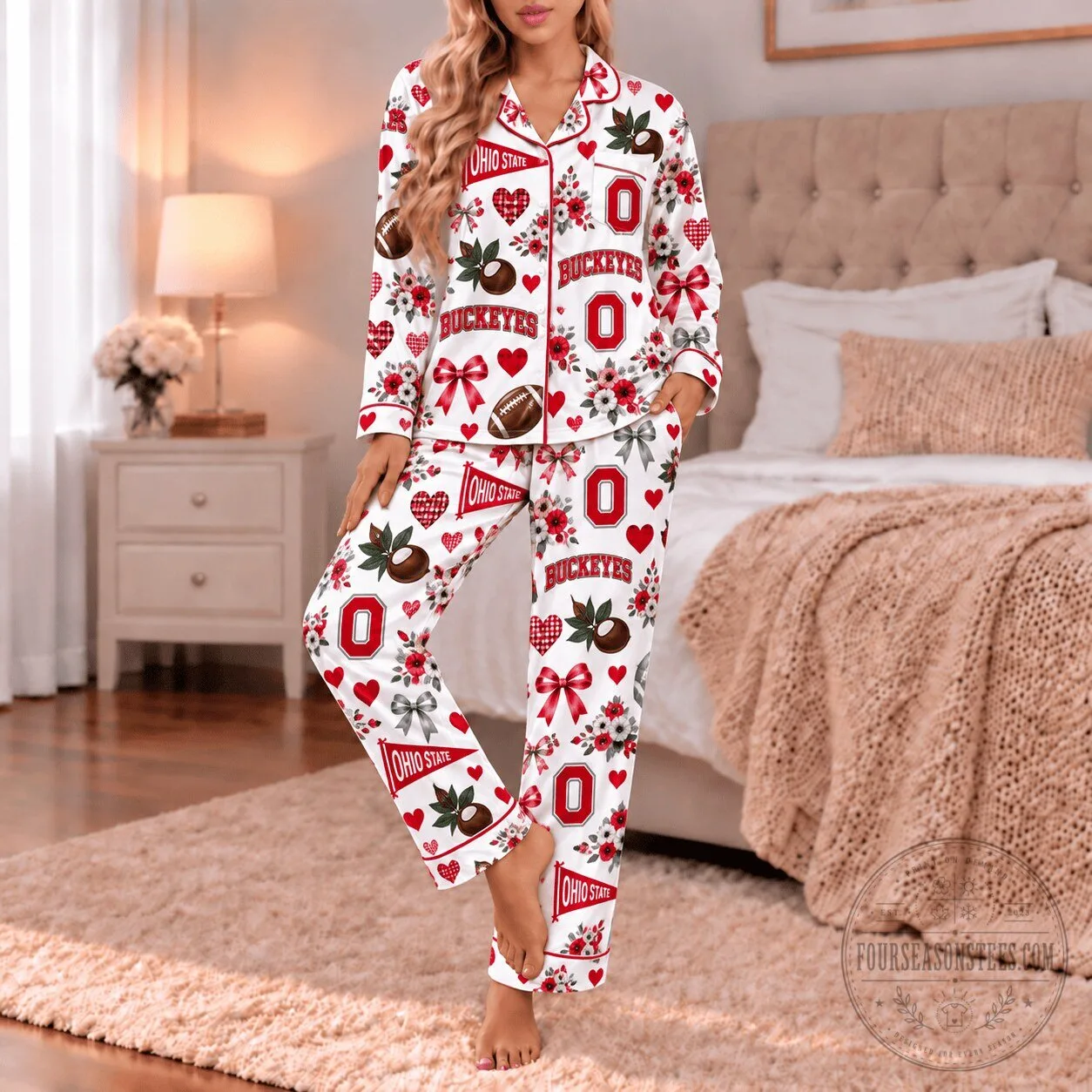 Ohio State Buckeyes Floral Pattern Long Sleeve Button Up Pajamas Set