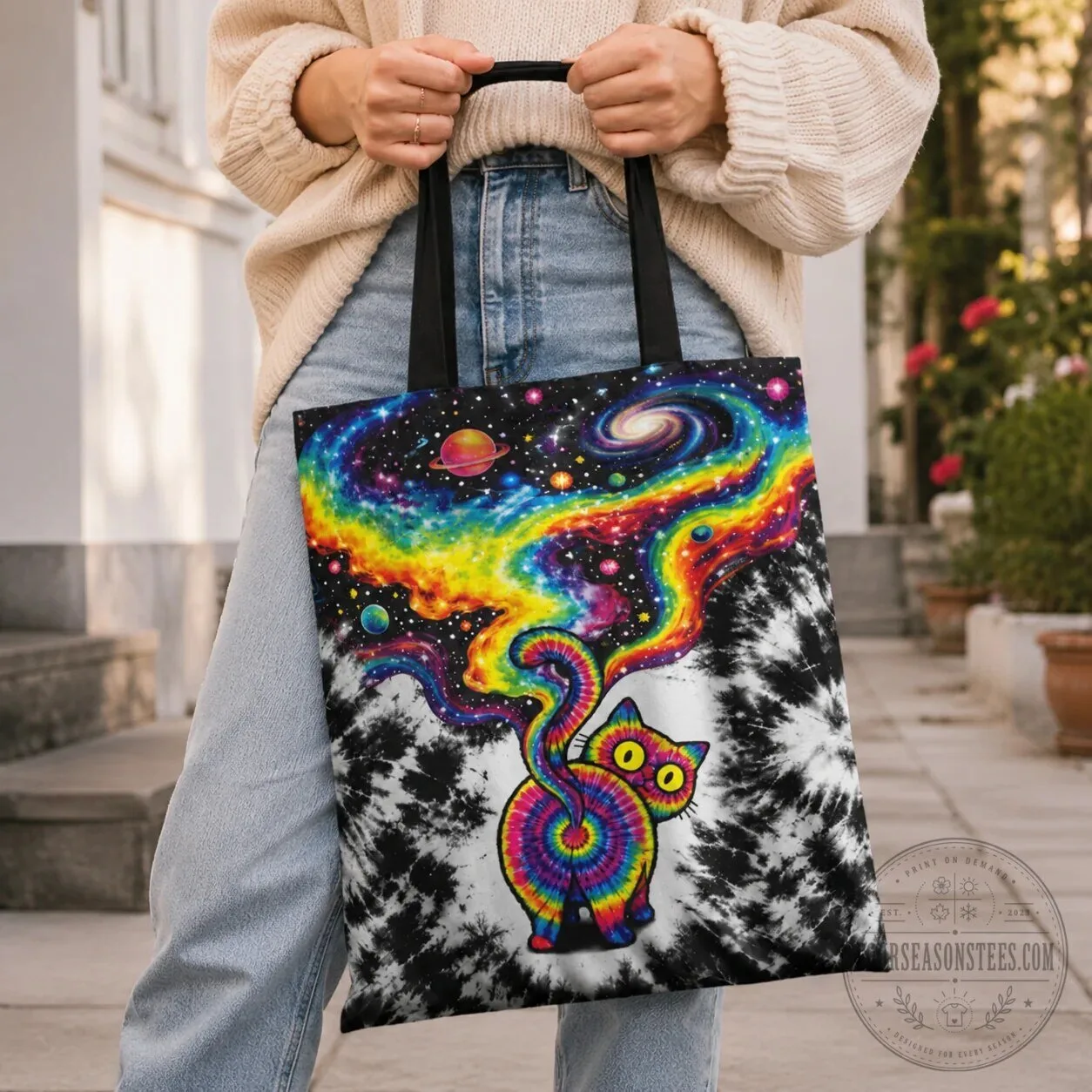 Psychedelic Tie Dye Cat Galaxy Universe Printed Tote Bag