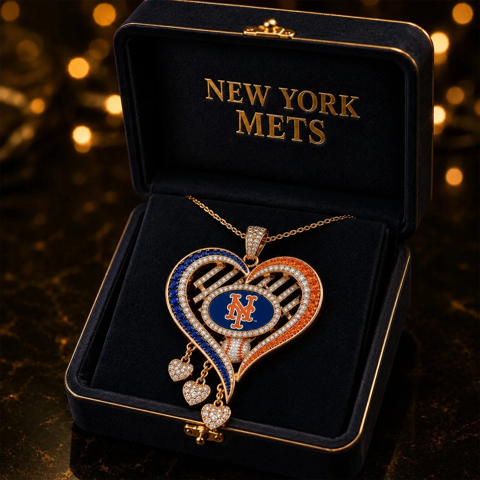 New York Mets Heart Pendant Necklace with Diamond Accents