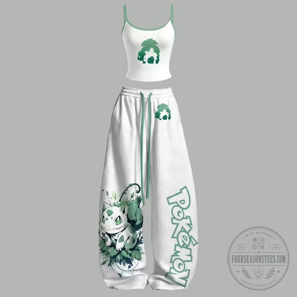 Pokemon Bulbasaur Character Graphic Print Crop Top and Sweatpants Two Piece Set