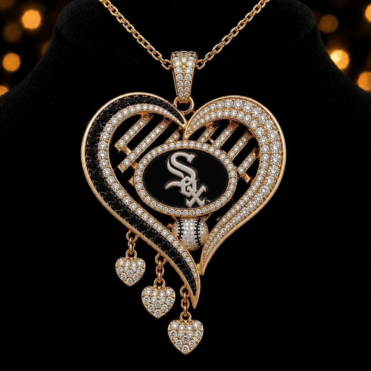Diamonds Adorned Necklace Featuring a Heart Pendant of Chicago White Sox Baseball