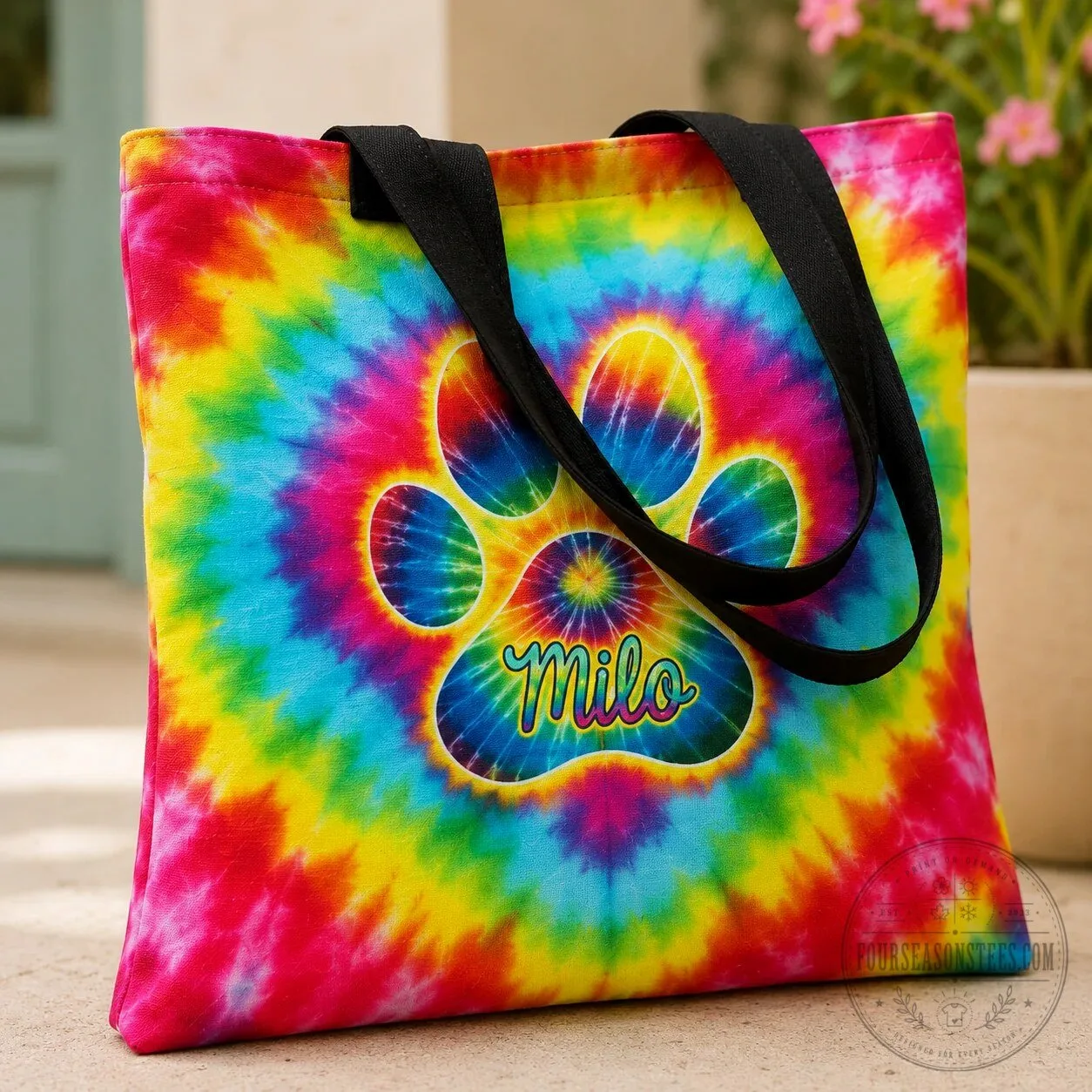 Personalized Milo Paw Print Tie Dye Swirl Pet Lover Tote Bag