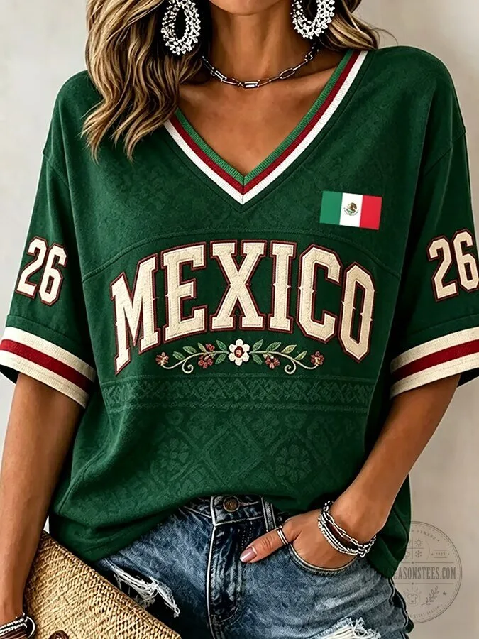 Mexico Soccer Women's Green V-Neck Casual T-Shirt