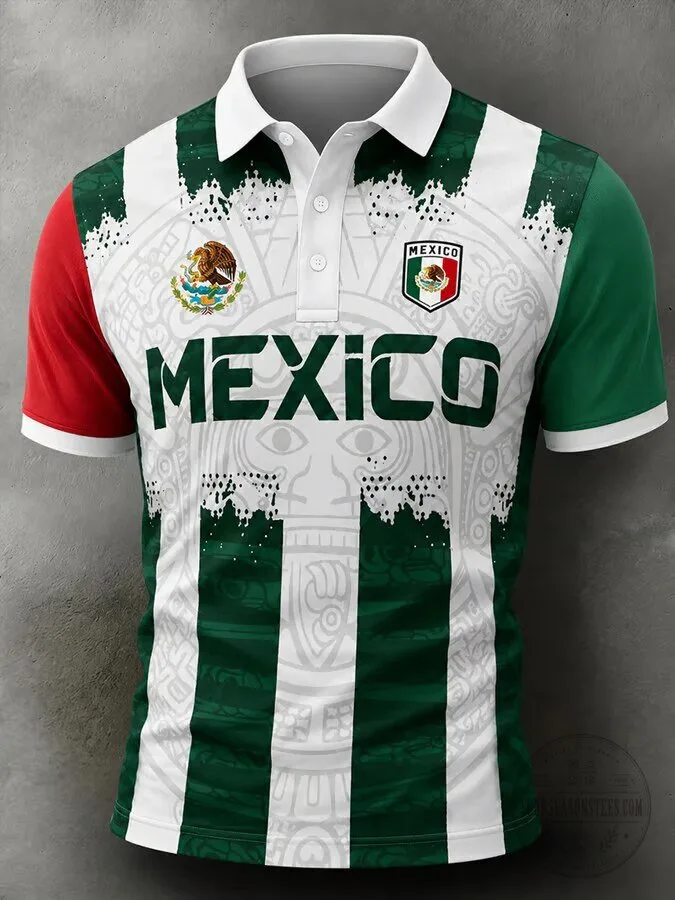 Mexico Soccer Team Green and White Striped Polo Shirt for Men