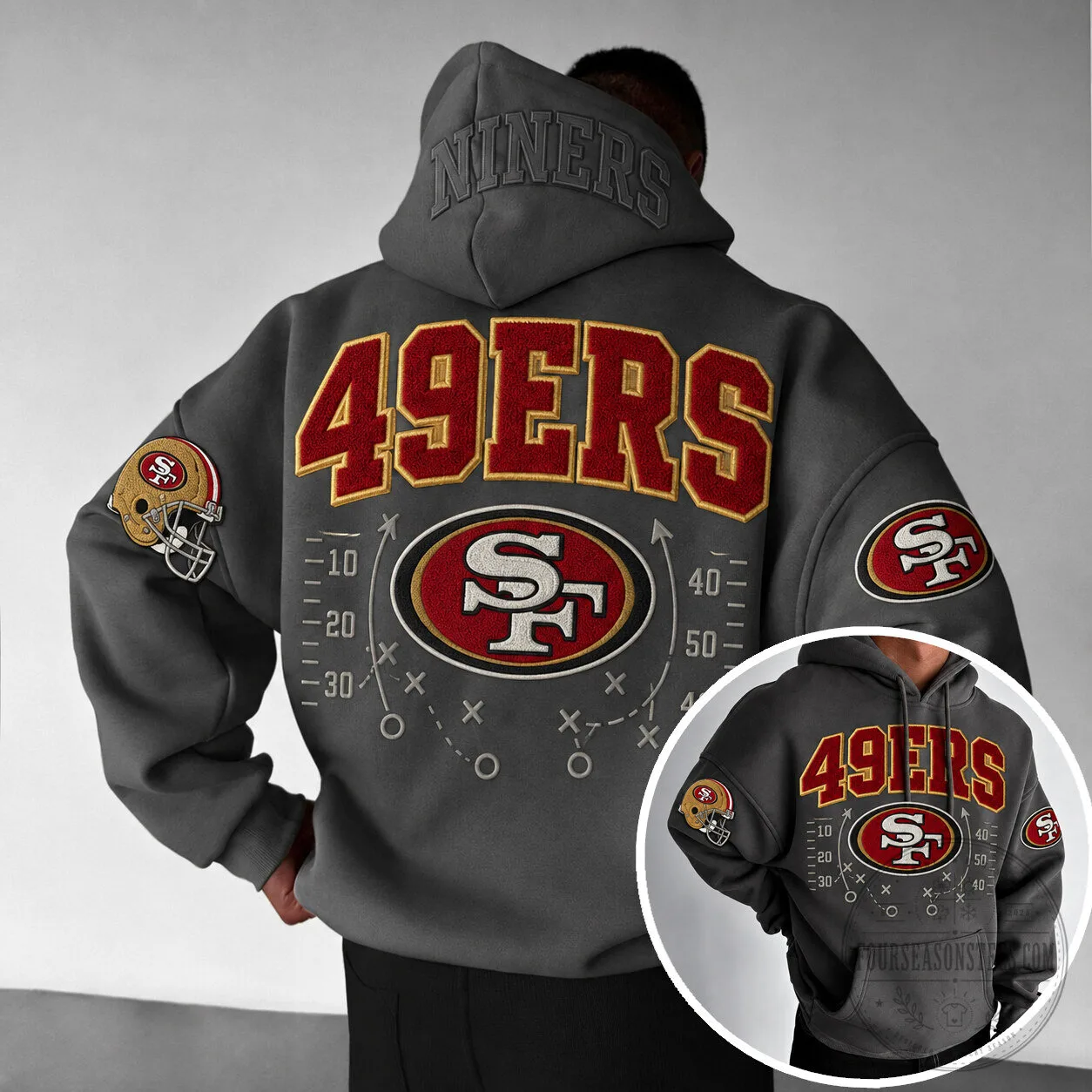 San Francisco 49ers Football Playbook Design Gray Pullover Hoodie