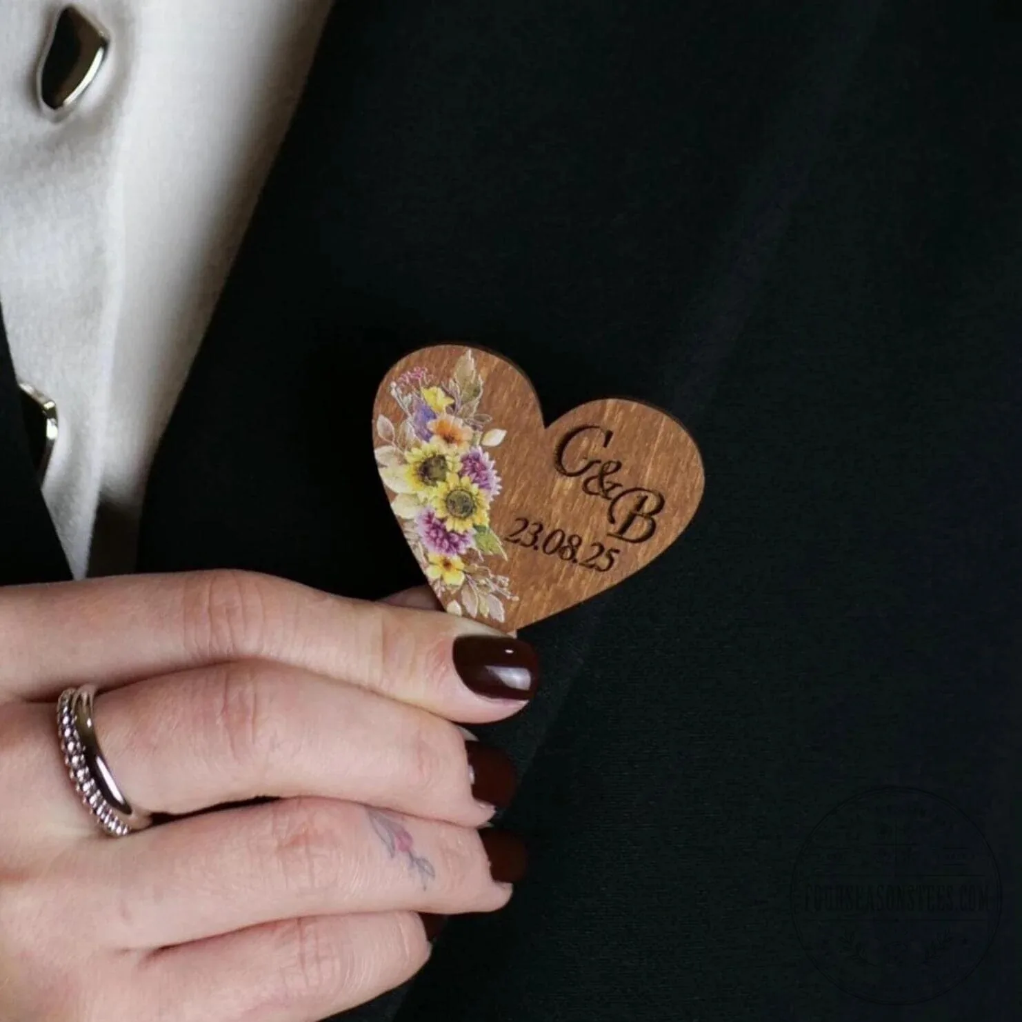 Personalized Sunflower Wedding Heart Pin, Custom Engraved Wooden Lapel Pin