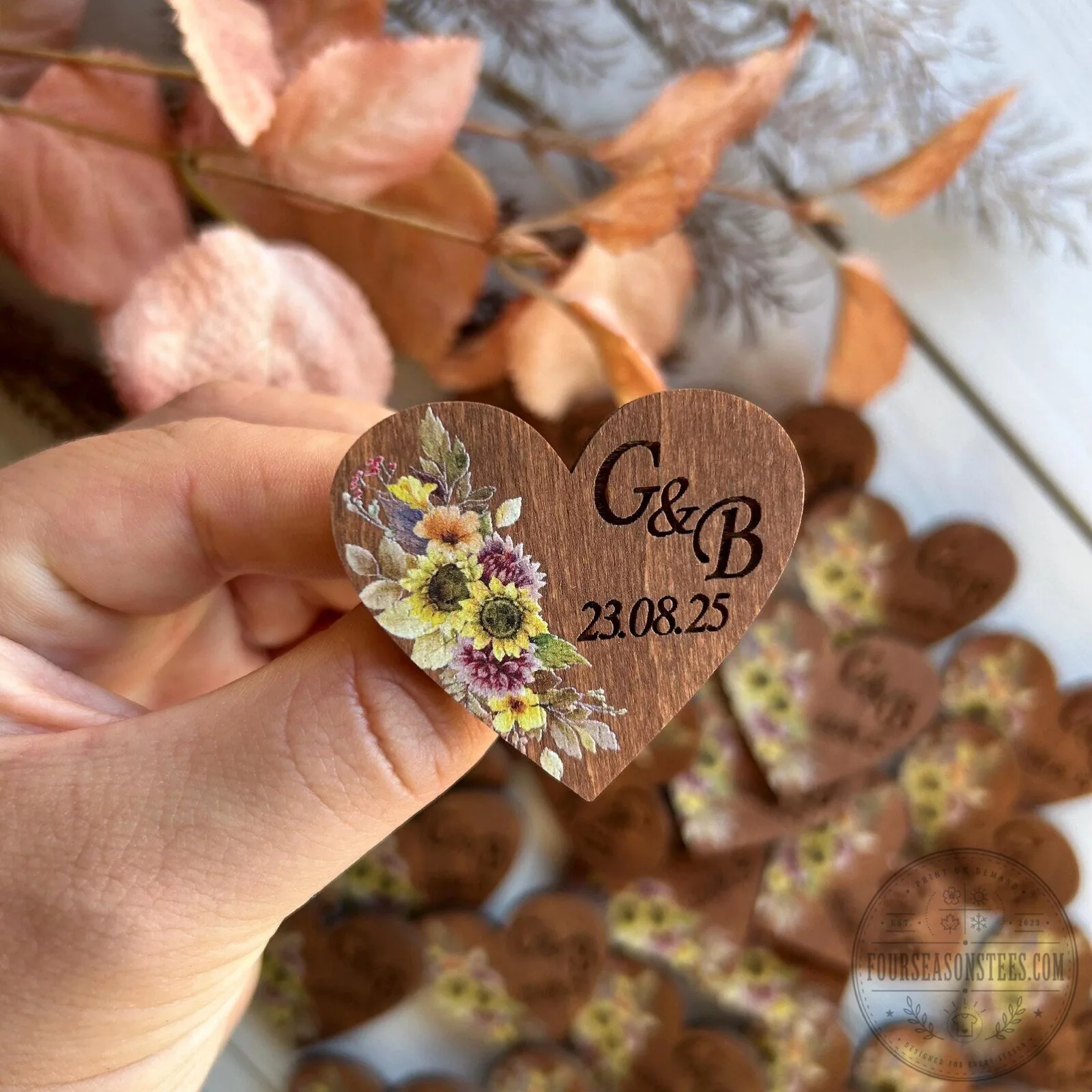 Personalized Sunflower Wedding Heart Pin, Custom Engraved Wooden Lapel Pin 11 Personalized Sunflower Wedding Heart Pin, Custom Engraved Wooden Lapel Pin