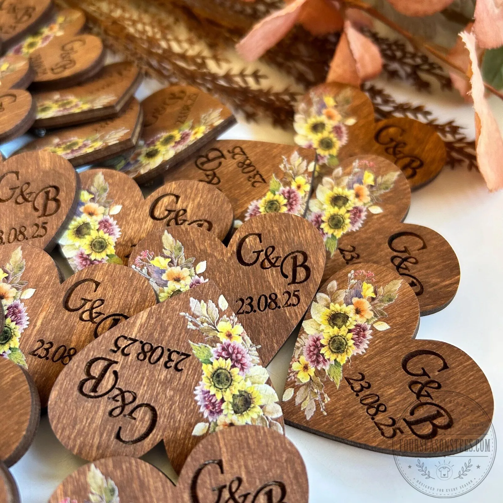 Personalized Sunflower Wedding Heart Pin, Custom Engraved Wooden Lapel Pin 15 Personalized Sunflower Wedding Heart Pin, Custom Engraved Wooden Lapel Pin