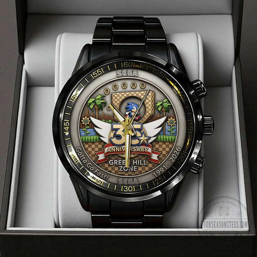 Sonic The Hedgehog 35th Anniversary Green Hill Zone Black Stainless Steel Watch