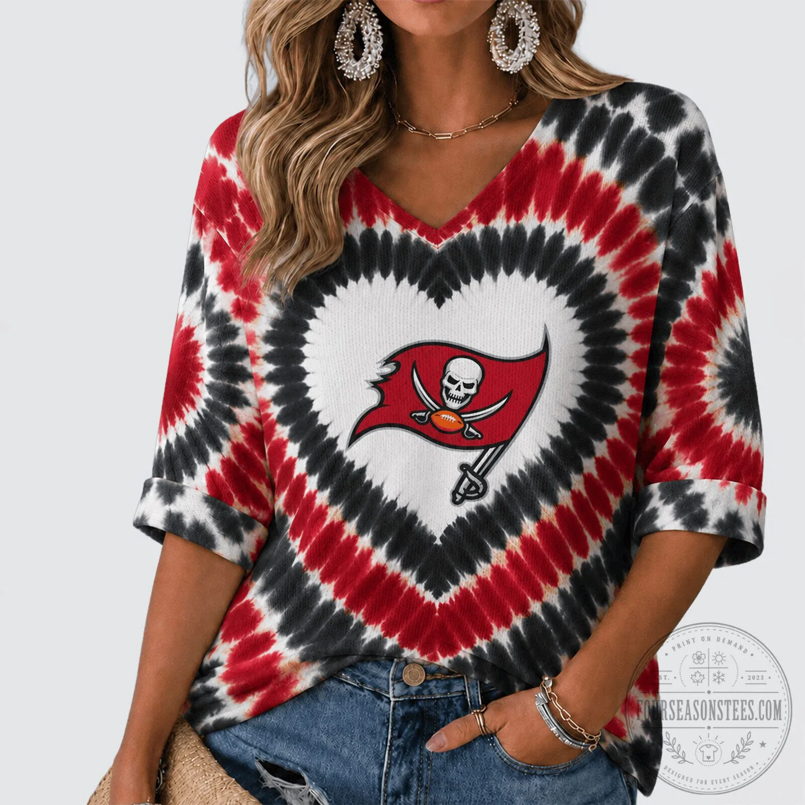 Tampa Bay Buccaneers Tie Dye Heart Logo V-Neck Long Sleeve Shirt for Women 1 Tampa Bay Buccaneers Tie Dye Heart Logo V-Neck Long Sleeve Shirt for Women